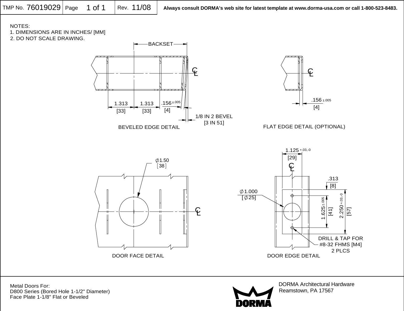 Page 2 of 2 - Dorma 76019028 D800 WD Rev1108 - Shee 1-1/2 Bored Wood/Metal Door Technical Drawing D800-1-1-2-bore-wd-md