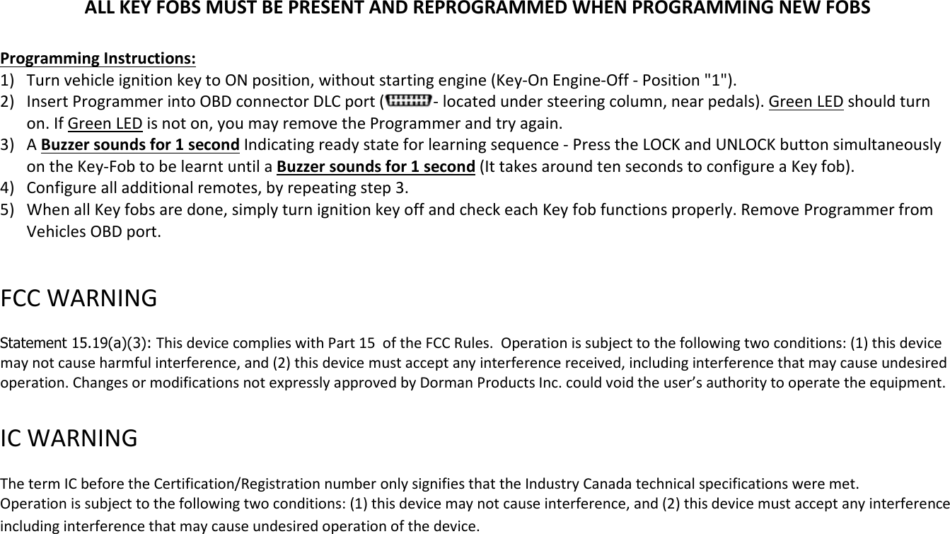 Dorman DORM05 315 MHz KEYFOB TRANSMITTER User Manual Programming