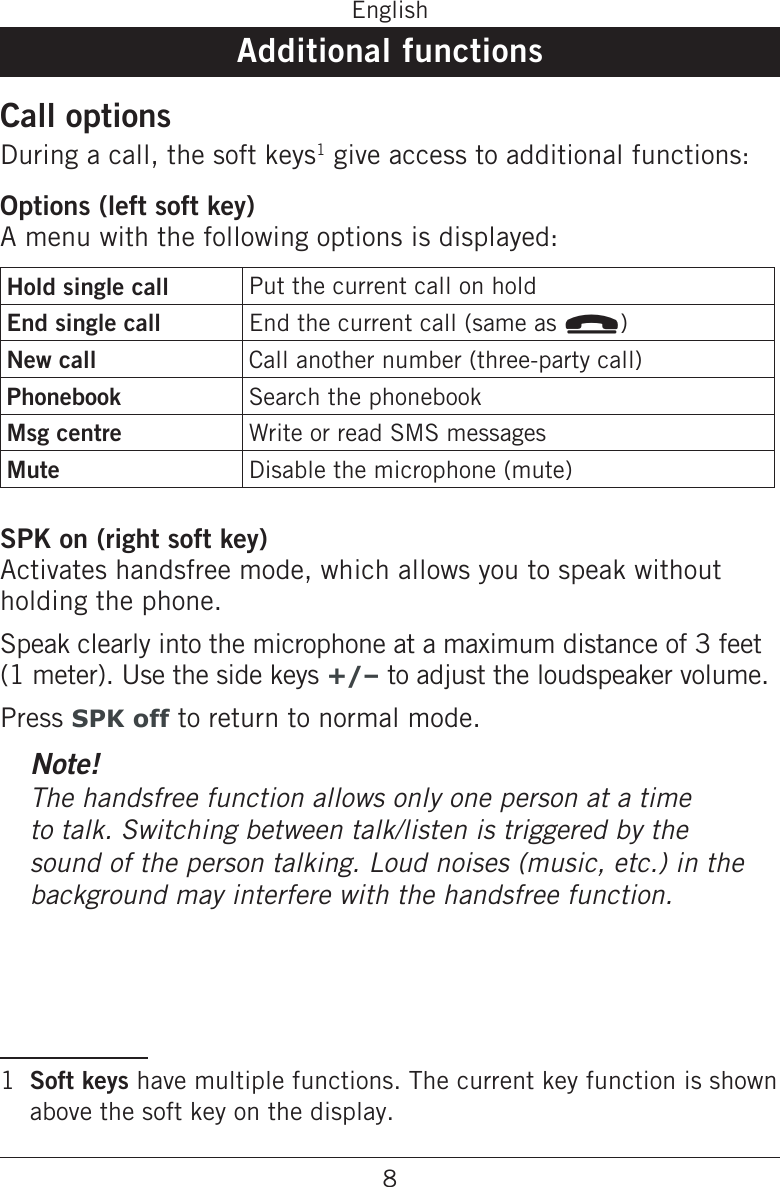 8EnglishAdditional functionsCall optionsDuring a call, the soft keys1 give access to additional functions:Options (left soft key)A menu with the following options is displayed:Hold single call Put the current call on holdEnd single call End the current call (same as L)New call Call another number (three-party call)Phonebook Search the phonebookMsg centre Write or read SMS messagesMute Disable the microphone (mute)SPK on (right soft key)Activates handsfree mode, which allows you to speak without holding the phone.Speak clearly into the microphone at a maximum distance of 3 feet (1 meter). Use the side keys +/– to adjust the loudspeaker volume.Press SPK off to return to normal mode.Note!The handsfree function allows only one person at a time to talk. Switching between talk/listen is triggered by the sound of the person talking. Loud noises (music, etc.) in the background may interfere with the handsfree function.1  Soft keys have multiple functions. The current key function is shown above the soft key on the display.