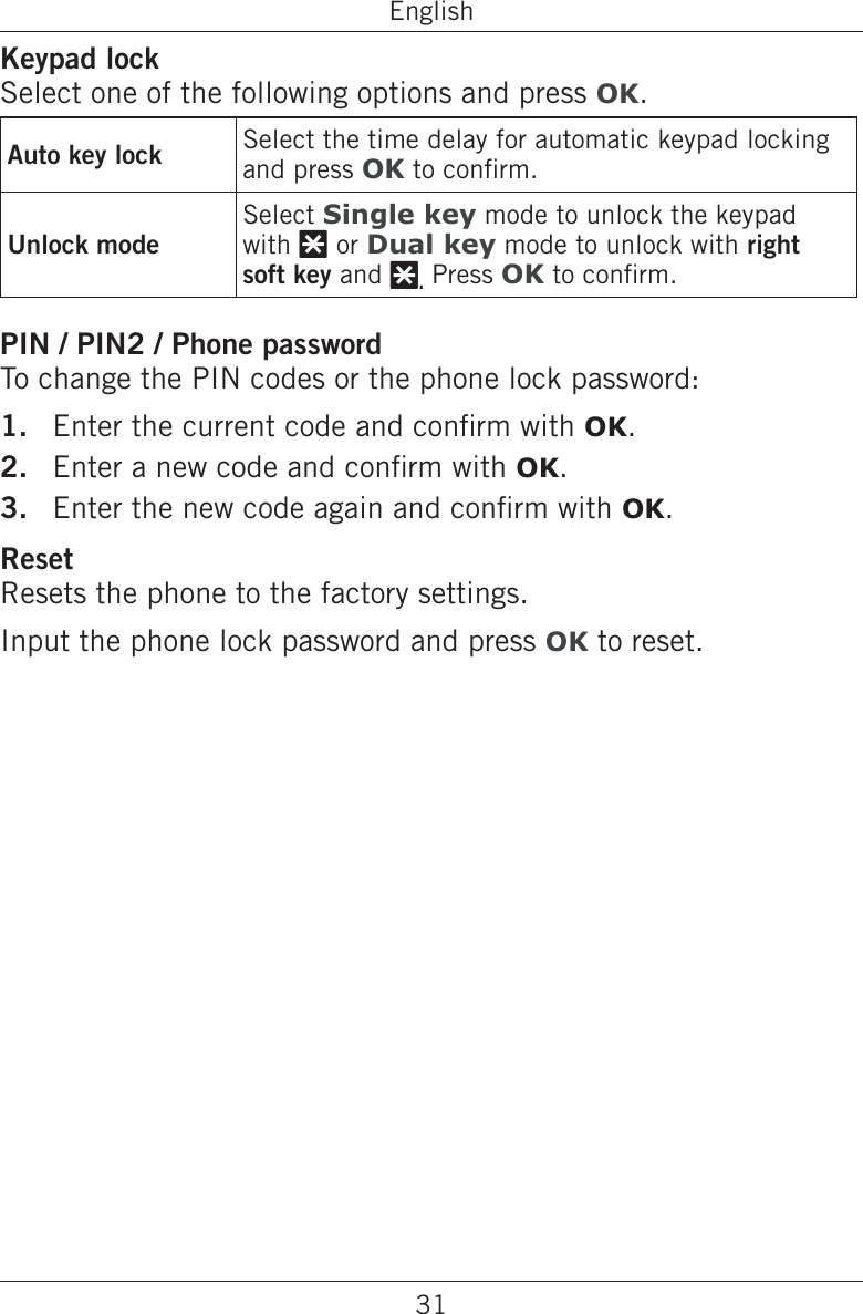 31EnglishKeypad lockSelect one of the following options and press OK.Auto key lock Select the time delay for automatic keypad locking and press OK to conrm.Unlock modeSelect Single key mode to unlock the keypad with * or Dual key mode to unlock with right soft key and *. Press OK to conrm.PIN / PIN2 / Phone passwordTo change the PIN codes or the phone lock password:Enter the current code and conrm with OK.Enter a new code and conrm with OK.Enter the new code again and conrm with OK.ResetResets the phone to the factory settings.Input the phone lock password and press OK to reset.1.2.3.