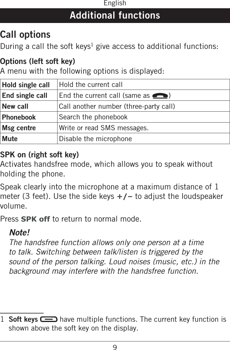 9EnglishAdditional functionsCall optionsDuring a call the soft keys1 give access to additional functions:Options (left soft key)A menu with the following options is displayed: Hold single call Hold the current callEnd single call End the current call (same as L)New call Call another number (three-party call)Phonebook Search the phonebookMsg centre Write or read SMS messages.Mute Disable the microphoneSPK on (right soft key)Activates handsfree mode, which allows you to speak without holding the phone.Speak clearly into the microphone at a maximum distance of 1 meter (3 feet). Use the side keys +/– to adjust the loudspeaker volume.Press SPK off to return to normal mode.Note!The handsfree function allows only one person at a time to talk. Switching between talk/listen is triggered by the sound of the person talking. Loud noises (music, etc.) in the background may interfere with the handsfree function.1  Soft keys   have multiple functions. The current key function is shown above the soft key on the display.