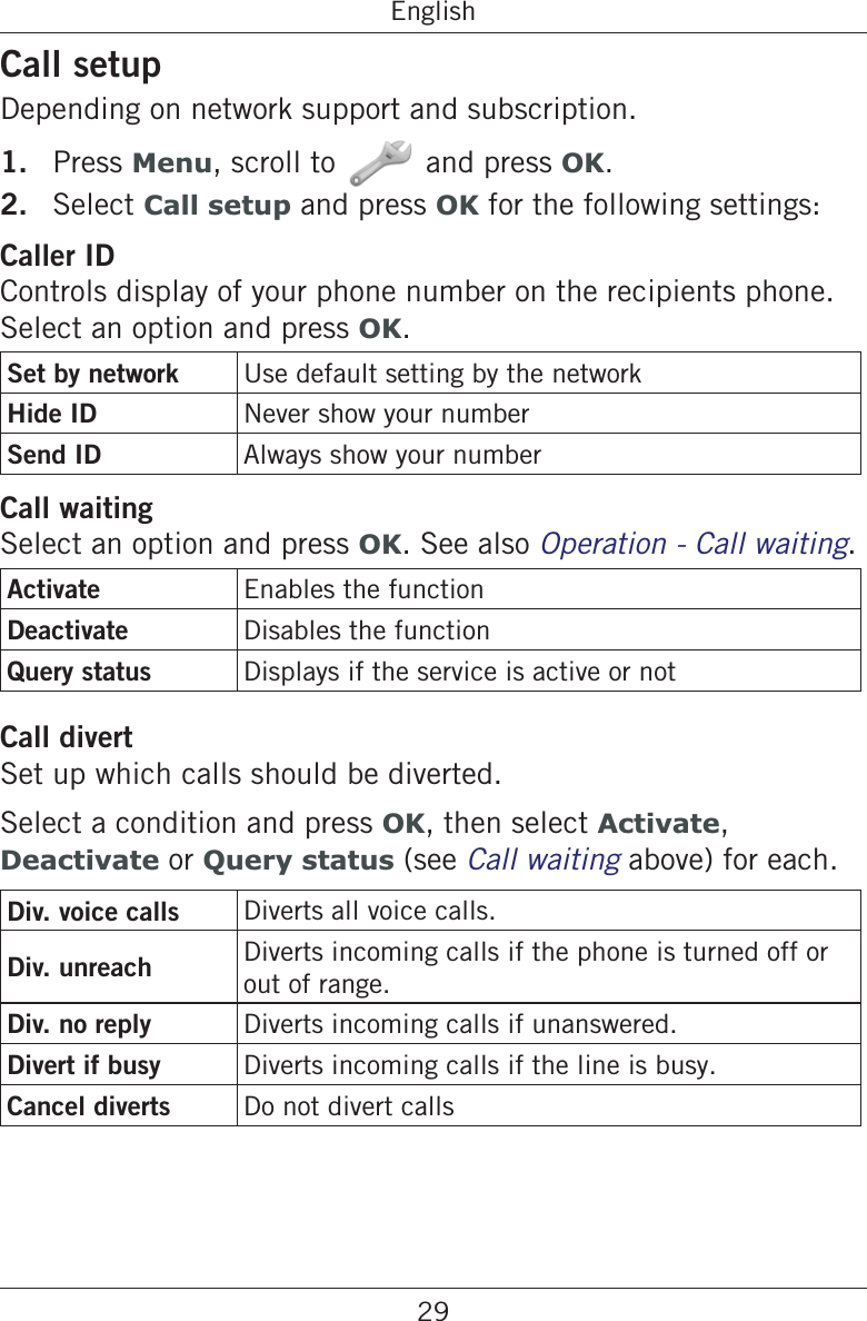 29EnglishCall setupDepending on network support and subscription.1.  Press Menu, scroll to and press OK.2.  Select Call setup and press OK for the following settings: Caller IDControls display of your phone number on the recipients phone. Select an option and press OK.Set by network Use default setting by the networkHide ID Never show your numberSend ID Always show your numberCall waitingSelect an option and press OK. See also Operation - Call waiting.Activate Enables the functionDeactivate Disables the functionQuery status Displays if the service is active or notCall divertSet up which calls should be diverted.Select a condition and press OK, then select Activate, Deactivate or Query status (see Call waiting above) for each.Div. voice calls Diverts all voice calls.Div. unreach Diverts incoming calls if the phone is turned off or out of range.Div. no reply Diverts incoming calls if unanswered.Divert if busy Diverts incoming calls if the line is busy.Cancel diverts Do not divert calls