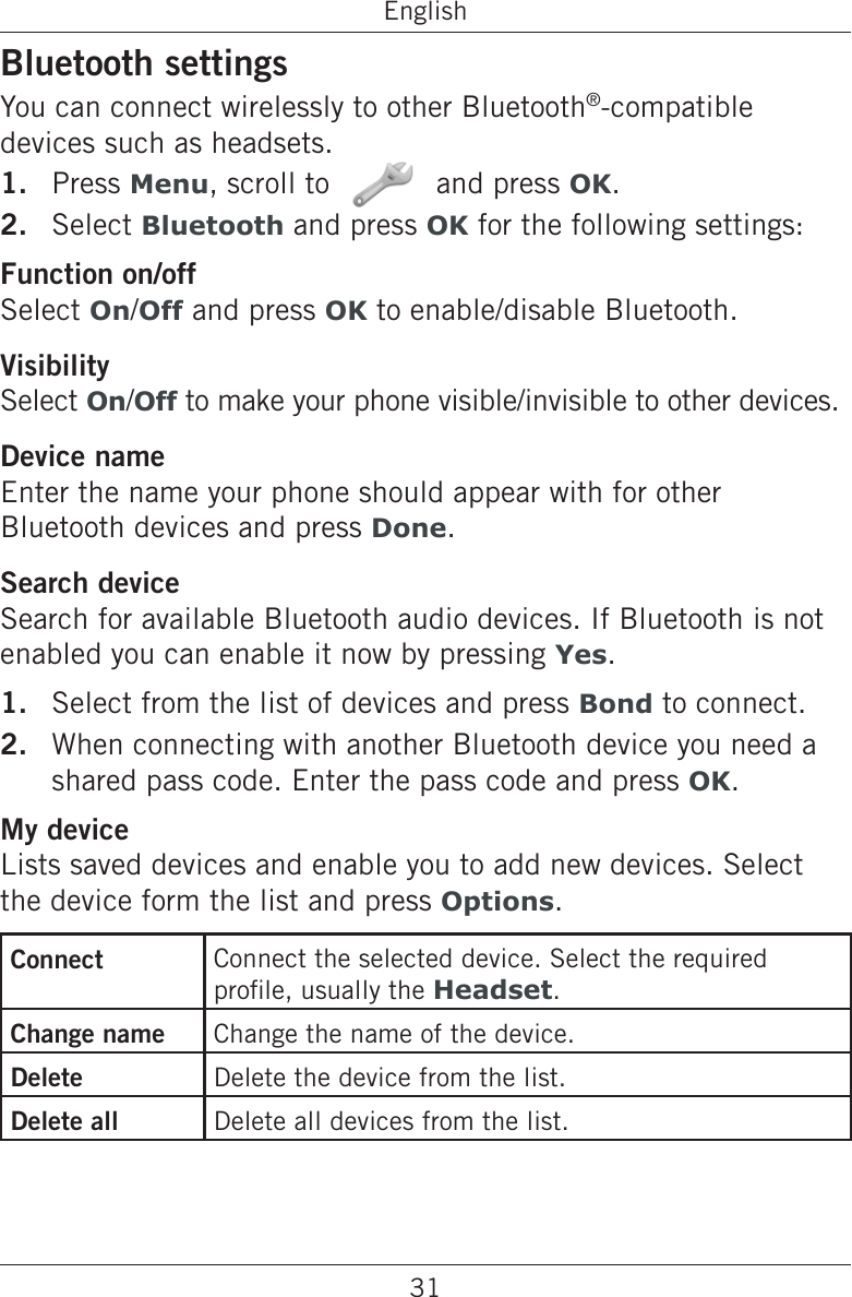 31EnglishBluetooth settingsYou can connect wirelessly to other Bluetooth®-compatible devices such as headsets.Press Menu, scroll to   and press OK.Select Bluetooth and press OK for the following settings: Function on/offSelect On/Off and press OK to enable/disable Bluetooth.VisibilitySelect On/Off to make your phone visible/invisible to other devices.Device nameEnter the name your phone should appear with for other Bluetooth devices and press Done.Search deviceSearch for available Bluetooth audio devices. If Bluetooth is not enabled you can enable it now by pressing Yes.Select from the list of devices and press Bond to connect.When connecting with another Bluetooth device you need a shared pass code. Enter the pass code and press OK.My deviceLists saved devices and enable you to add new devices. Select the device form the list and press Options.Connect Connect the selected device. Select the required prole, usually the Headset.Change name Change the name of the device.Delete Delete the device from the list.Delete all Delete all devices from the list.1.2.1.2.