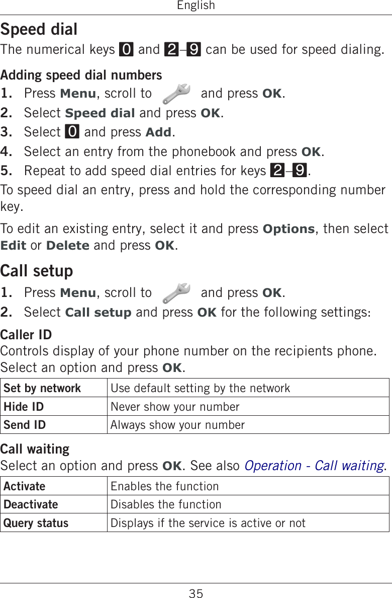 35EnglishSpeed dialThe numerical keys 0 and 2–9 can be used for speed dialing.Adding speed dial numbersPress Menu, scroll to   and press OK.Select Speed dial and press OK.Select 0 and press Add.Select an entry from the phonebook and press OK.Repeat to add speed dial entries for keys 2–9.To speed dial an entry, press and hold the corresponding number key.To edit an existing entry, select it and press Options, then select Edit or Delete and press OK.Call setupPress Menu, scroll to   and press OK.Select Call setup and press OK for the following settings: Caller IDControls display of your phone number on the recipients phone. Select an option and press OK.Set by network Use default setting by the networkHide ID Never show your numberSend ID Always show your numberCall waitingSelect an option and press OK. See also Operation - Call waiting.Activate Enables the functionDeactivate Disables the functionQuery status Displays if the service is active or not1.2.3.4.5.1.2.