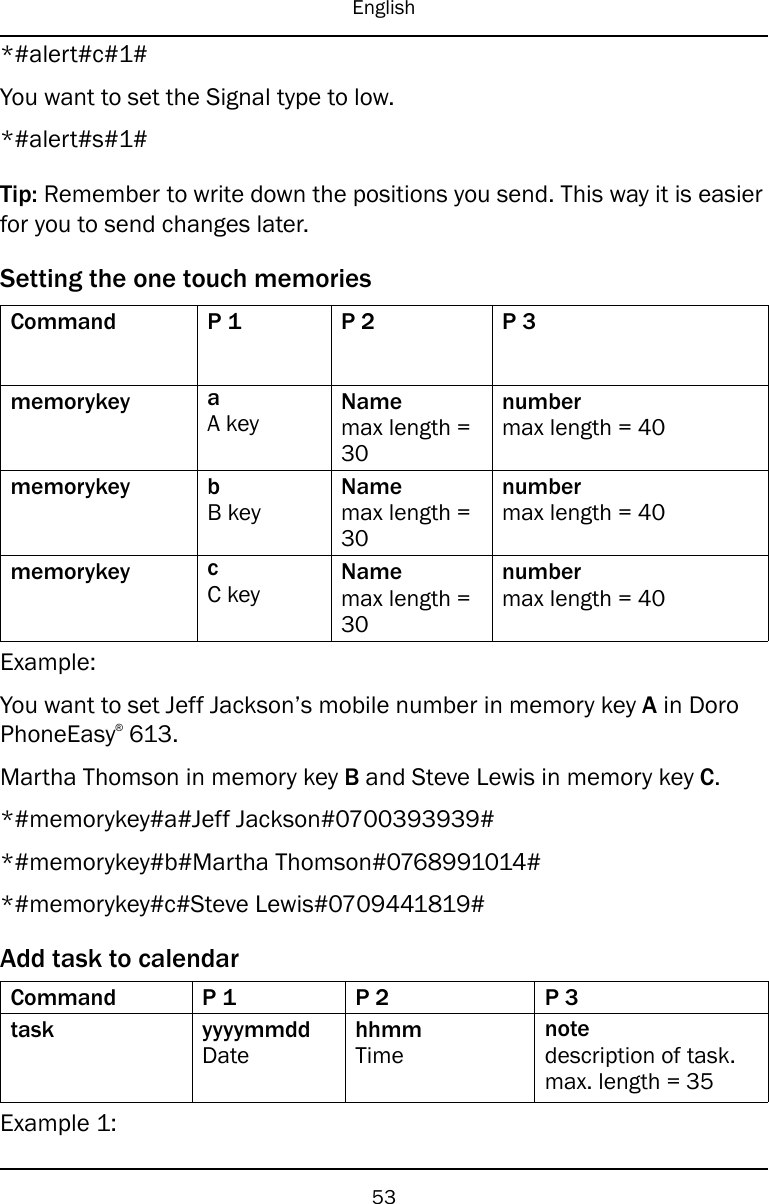 English*#alert#c#1#You want to set the Signal type to low.*#alert#s#1#Tip: Remember to write down the positions you send. This way it is easierfor you to send changes later.Setting the one touch memoriesCommand P 1 P 2 P 3memorykey aA keyNamemax length =30numbermax length = 40memorykey bB keyNamemax length =30numbermax length = 40memorykey cC keyNamemax length =30numbermax length = 40Example:You want to set Jeff Jackson’s mobile number in memory key Ain DoroPhoneEasy®613.Martha Thomson in memory key Band Steve Lewis in memory key C.*#memorykey#a#Jeff Jackson#0700393939#*#memorykey#b#Martha Thomson#0768991014#*#memorykey#c#Steve Lewis#0709441819#Add task to calendarCommand P 1 P 2 P 3task yyyymmddDatehhmmTimenotedescription of task.max. length = 35Example 1:53