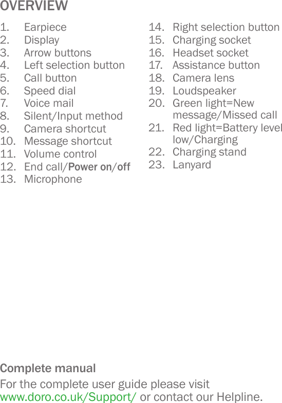 1.  Earpiece2.  Display3.  Arrow buttons4.  Left selection button5.  Call button6.  Speed dial7.  Voice mail8.  Silent/Input method9.  Camera shortcut10.  Message shortcut11.  Volume control12.  End call/Power on/off13.  Microphone14.  Right selection button15.  Charging socket16.  Headset socket17.   Assistance button18.  Camera lens19.  Loudspeaker20.  Green light=New message/Missed call21.  Red light=Battery level low/Charging22.  Charging stand23.  LanyardComplete manualFor the complete user guide please visit www.doro.co.uk/Support/ or contact our Helpline.OVERVIEW
