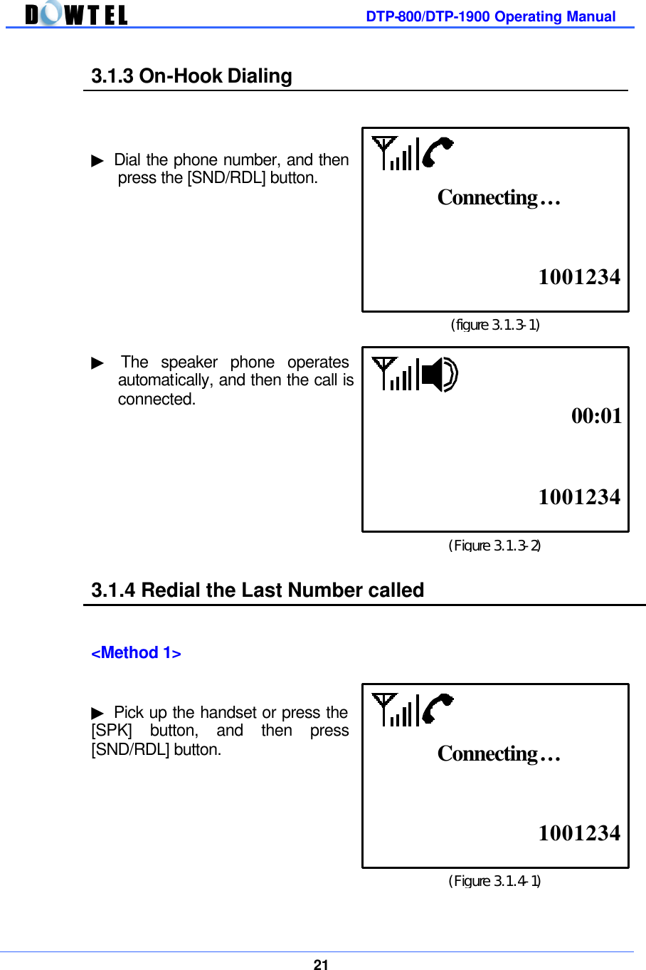         DTP-800/DTP-1900 Operating Manual    21  3.1.3 On-Hook Dialing    ▶ Dial the phone number, and then press the [SND/RDL] button.            ▶ The speaker phone operates automatically, and then the call is  connected.           3.1.4 Redial the Last Number called   &lt;Method 1&gt;   ▶ Pick up the handset or press the [SPK] button, and then press  [SND/RDL] button.          (figure 3.1.3-1)  1001234 Connecting… (Figure 3.1.4-1)  1001234 Connecting… (Figure 3.1.3-2)  1001234 00:01 