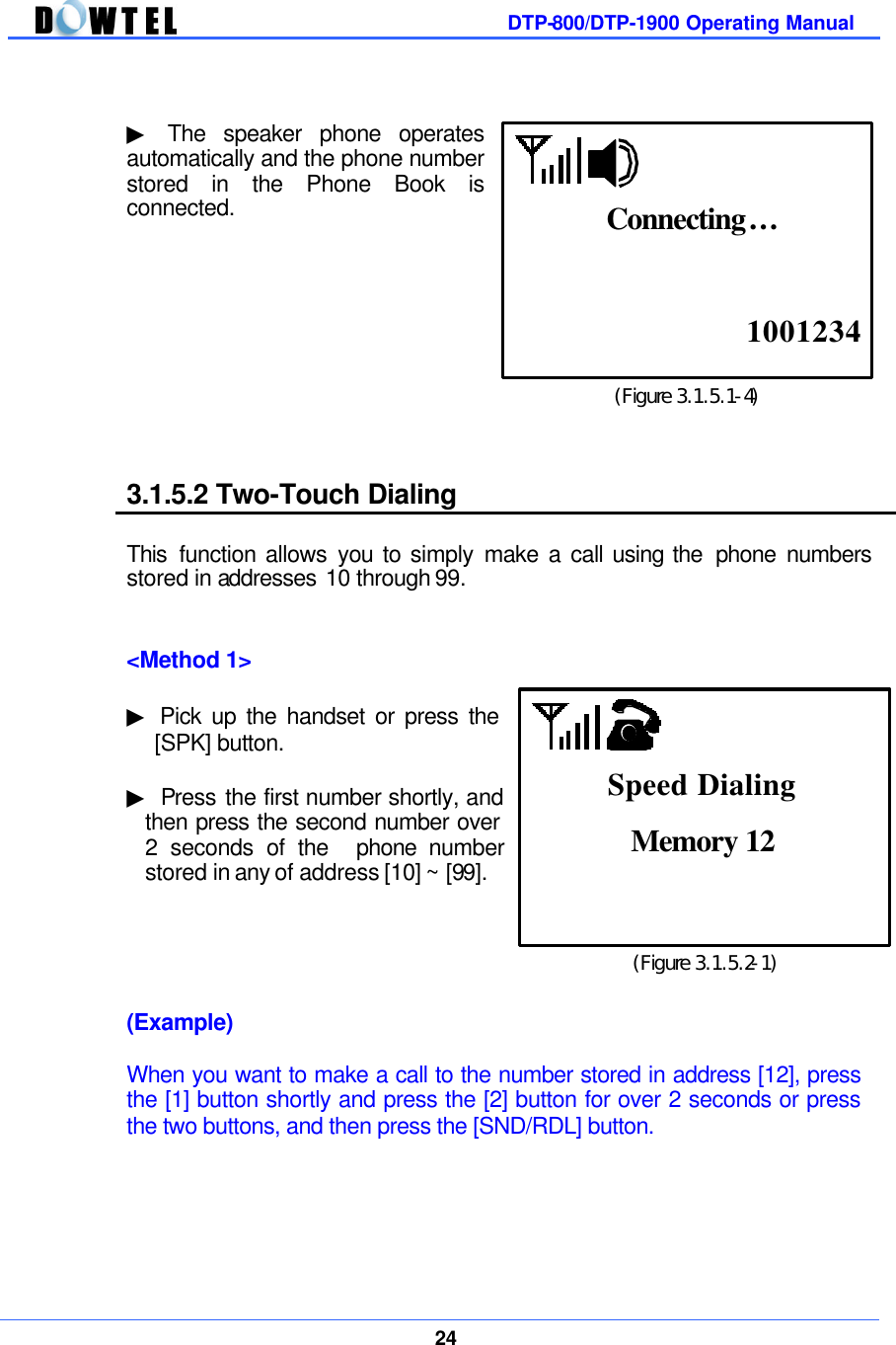         DTP-800/DTP-1900 Operating Manual    24   ▶ The speaker phone operates  automatically and the phone number stored in the Phone Book is connected.            3.1.5.2 Two-Touch Dialing  This function allows you to simply make a call using the  phone numbers stored in addresses 10 through 99.   &lt;Method 1&gt;  ▶ Pick up the handset or press the [SPK] button.  ▶ Press the first number shortly, and then press the second number over 2 seconds of the    phone number stored in any of address [10] ~ [99].      (Example)  When you want to make a call to the number stored in address [12], press the [1] button shortly and press the [2] button for over 2 seconds or press the two buttons, and then press the [SND/RDL] button.       (Figure 3.1.5.2-1) Memory 12  Speed Dialing (Figure 3.1.5.1-4)  1001234 Connecting… 