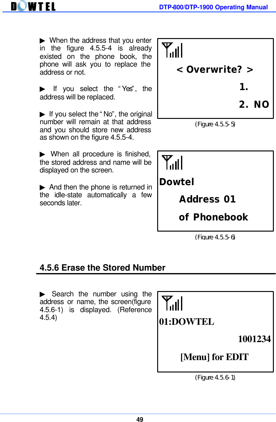         DTP-800/DTP-1900 Operating Manual    49   ▶ When the address that you enter in the figure 4.5.5-4 is already existed on the phone book, the phone will ask you to replace the address or not.  ▶ If you select the “Yes”, the address will be replaced.    ▶ If you select the “No”, the original number will remain at that address and you should store new address as shown on the figure 4.5.5-4.  ▶ When all procedure is finished, the stored address and name will be displayed on the screen.  ▶ And then the phone is returned in the idle-state automatically a few seconds later.        4.5.6 Erase the Stored Number   ▶ Search the number using the address or name, the screen(figure 4.5.6-1) is displayed. (Reference 4.5.4)           (Figure 4.5.5-5) 1. 2. NO &lt; Overwrite? &gt; (Figure 4.5.5-6) Address 01 of Phonebook Dowtel (Figure 4.5.6-1) 1001234 [Menu] for EDIT 01:DOWTEL 
