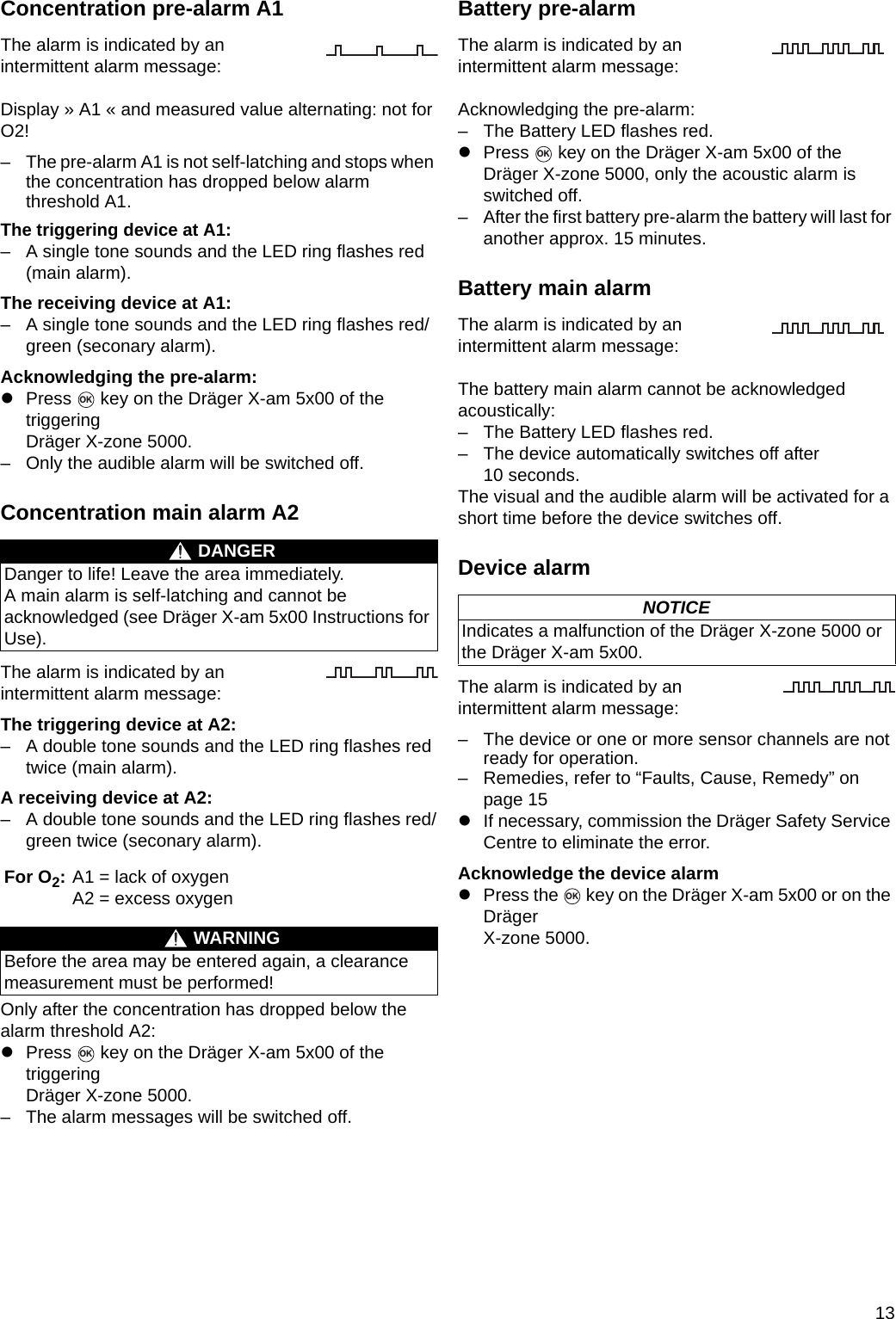 13Concentration pre-alarm A1The alarm is indicated by an intermittent alarm message:Display » A1 « and measured value alternating: not for O2!– The pre-alarm A1 is not self-latching and stops when the concentration has dropped below alarm threshold A1.The triggering device at A1:– A single tone sounds and the LED ring flashes red (main alarm).The receiving device at A1:– A single tone sounds and the LED ring flashes red/green (seconary alarm).Acknowledging the pre-alarm:zPress   key on the Dräger X-am 5x00 of the triggering Dräger X-zone 5000.– Only the audible alarm will be switched off.Concentration main alarm A2The alarm is indicated by an intermittent alarm message:The triggering device at A2:– A double tone sounds and the LED ring flashes red twice (main alarm).A receiving device at A2:– A double tone sounds and the LED ring flashes red/green twice (seconary alarm).Only after the concentration has dropped below the alarm threshold A2:zPress   key on the Dräger X-am 5x00 of the triggering Dräger X-zone 5000.– The alarm messages will be switched off.Battery pre-alarmThe alarm is indicated by an intermittent alarm message:Acknowledging the pre-alarm:– The Battery LED flashes red.zPress   key on the Dräger X-am 5x00 of the Dräger X-zone 5000, only the acoustic alarm is switched off.– After the first battery pre-alarm the battery will last for another approx. 15 minutes.Battery main alarmThe alarm is indicated by an intermittent alarm message:The battery main alarm cannot be acknowledged acoustically:– The Battery LED flashes red.– The device automatically switches off after 10 seconds.The visual and the audible alarm will be activated for a short time before the device switches off.Device alarmThe alarm is indicated by an intermittent alarm message:– The device or one or more sensor channels are not ready for operation.– Remedies, refer to “Faults, Cause, Remedy” on page 15zIf necessary, commission the Dräger Safety Service Centre to eliminate the error.Acknowledge the device alarmzPress the   key on the Dräger X-am 5x00 or on the Dräger X-zone 5000.DANGERDanger to life! Leave the area immediately. A main alarm is self-latching and cannot be acknowledged (see Dräger X-am 5x00 Instructions for Use).For O2:A1 = lack of oxygenA2 = excess oxygenWARNINGBefore the area may be entered again, a clearance measurement must be performed!OKOKNOTICEIndicates a malfunction of the Dräger X-zone 5000 or the Dräger X-am 5x00.OKOKDRAFT 02 - 08/02/10