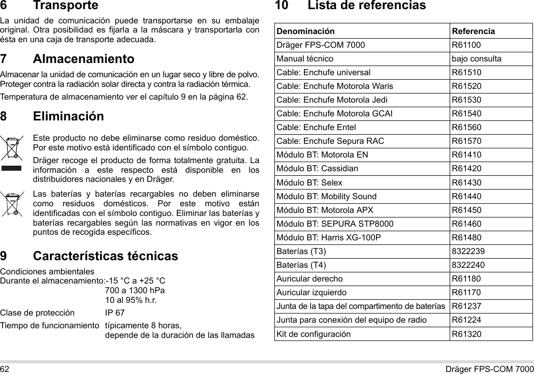 62 Dräger FPS-COM 70006 Transporte La unidad de comunicación puede transportarse en su embalaje original. Otra posibilidad es fijarla a la máscara y transportarla con ésta en una caja de transporte adecuada.7 AlmacenamientoAlmacenar la unidad de comunicación en un lugar seco y libre de polvo. Proteger contra la radiación solar directa y contra la radiación térmica. Temperatura de almacenamiento ver el capítulo 9 en la página 62.8 Eliminación 9 Características técnicasCondiciones ambientales  Durante el almacenamiento:-15 °C a +25 °C  700 a 1300 hPa 10 al 95% h.r.Clase de protección IP 67Tiempo de funcionamiento típicamente 8 horas,  depende de la duración de las llamadas10 Lista de referenciasEste producto no debe eliminarse como residuo doméstico. Por este motivo está identificado con el símbolo contiguo.Dräger recoge el producto de forma totalmente gratuita. La información a este respecto está disponible en los distribuidores nacionales y en Dräger.Las baterías y baterías recargables no deben eliminarse como residuos domésticos. Por este motivo están identificadas con el símbolo contiguo. Eliminar las baterías y baterías recargables según las normativas en vigor en los puntos de recogida específicos.Denominación ReferenciaDräger FPS-COM 7000 R61100Manual técnico bajo consultaCable: Enchufe universal R61510Cable: Enchufe Motorola Waris R61520Cable: Enchufe Motorola Jedi R61530Cable: Enchufe Motorola GCAI R61540Cable: Enchufe Entel R61560Cable: Enchufe Sepura RAC R61570Módulo BT: Motorola EN R61410Módulo BT: Cassidian R61420Módulo BT: Selex R61430Módulo BT: Mobility Sound R61440Módulo BT: Motorola APX R61450Módulo BT: SEPURA STP8000 R61460Módulo BT: Harris XG-100P R61480Baterías (T3) 8322239Baterías (T4) 8322240Auricular derecho R61180Auricular izquierdo R61170Junta de la tapa del compartimento de baterías R61237Junta para conexión del equipo de radio R61224Kit de configuración R61320