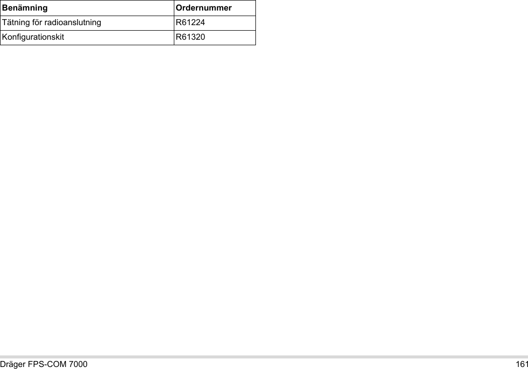 Dräger FPS-COM 7000 161Tätning för radioanslutning R61224Konfigurationskit R61320Benämning Ordernummer