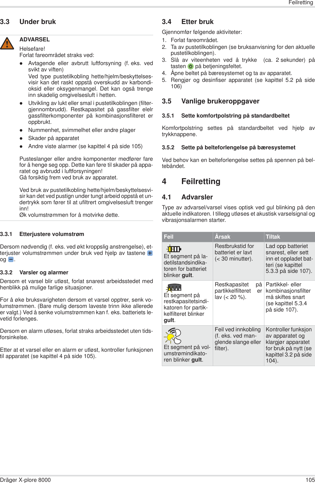 FeilrettingDräger X-plore 8000 1053.3 Under bruk3.3.1 Etterjustere volumstrømDersom nødvendig (f. eks. ved økt kroppslig anstrengelse), et-terjuster volumstrømmen under bruk ved hjelp av tasteneog .3.3.2 Varsler og alarmerDersom et varsel blir utløst, forlat snarest arbeidsstedet medhenblikk på mulige farlige situasjoner.For å øke bruksvarigheten dersom et varsel opptrer, senk vo-lumstrømmen. (Bare mulig dersom laveste trinn ikke alleredeer valgt.) Ved å senke volumstrømmen kan f. eks. batteriets le-vetid forlenges.Dersom en alarm utløses, forlat straks arbeidsstedet uten tids-forsinkelse.Etter at et varsel eller en alarm er utløst, kontroller funksjonentil apparatet (se kapittel 4 på side 105).3.4 Etter brukGjennomfør følgende aktiviteter:1. Forlat fareområdet.2. Ta av pustetilkoblingen (se bruksanvisning for den aktuellepustetilkoblingen).3. Slå av viteenheten ved å trykke  (ca. 2 sekunder) påtasten  på betjeningsfeltet.4. Åpne beltet på bæresystemet og ta av apparatet.5. Rengjør og desinfiser apparatet (se kapittel 5.2 på side106)3.5 Vanlige brukeroppgaver3.5.1 Sette komfortpolstring på standardbeltetKomfortpolstring settes på standardbeltet ved hjelp avtrykknappene.3.5.2 Sette på belteforlengelse på bæresystemetVed behov kan en belteforlengelse settes på spennen på bel-tebåndet.4 Feilretting4.1 AdvarslerType av advarsel/varsel vises optisk ved gul blinking på denaktuelle indikatoren. I tillegg utløses et akustisk varselsignal ogvibrasjonsalarmen starter.ADVARSELHelsefare!Forlat fareområdet straks ved:zAvtagende eller avbrutt luftforsyning (f. eks. vedsvikt av viften)Ved type pustetilkobling hette/hjelm/beskyttelses-visir kan det raskt oppstå overskudd av karbondi-oksid eller oksygenmangel. Det kan også trengeinn skadelig omgivelsesluft i hetten.zUtvikling av lukt eller smal i pustetilkoblingen (filter-gjennombrudd). Restkapasitet på gassfilter elelrgassfilterkomponenter på kombinasjonsfilteret eroppbrukt.zNummenhet, svimmelhet eller andre plagerzSkader på apparatetzAndre viste alarmer (se kapittel 4 på side 105)Pusteslanger eller andre komponenter medfører farefor å henge seg opp. Dette kan føre til skader på appa-ratet og avbrudd i luftforsyningen!Gå forsiktig frem ved bruk av apparatet.Ved bruk av pustetilkobling hette/hjelm/beskyttelsesvi-sir kan det ved pustign under tungt arbeid oppstå et un-dertrykk som fører til at ufiltrert omgivelsesluft trengerinn!Øk volumstrømmen for å motvirke dette.!Feil Årsak TiltakEt segment på la-detilstandsindika-toren for batteriet blinker gult.Restbrukstid for batteriet er lavt (&lt; 30 minutter).Lad opp batteriet snarest, eller sett inn et oppladet bat-teri (se kapittel 5.3.3 på side 107).Et segment på restkapasitetsindi-katoren for partik-kelfilteret blinker gult.Restkapasitet påpartikkelfilteret erlav (&lt; 20 %).Partikkel- eller kombinasjonsfilter må skiftes snart (se kapittel 5.3.4 på side 107).Et segment på vol-umstrømindikato-ren blinker gult.Feil ved innkobling (f. eks. ved man-glende slange eller filter).Kontroller funksjon av apparatet og klargjør apparatet for bruk på nytt (se kapittel 3.2 på side 104).