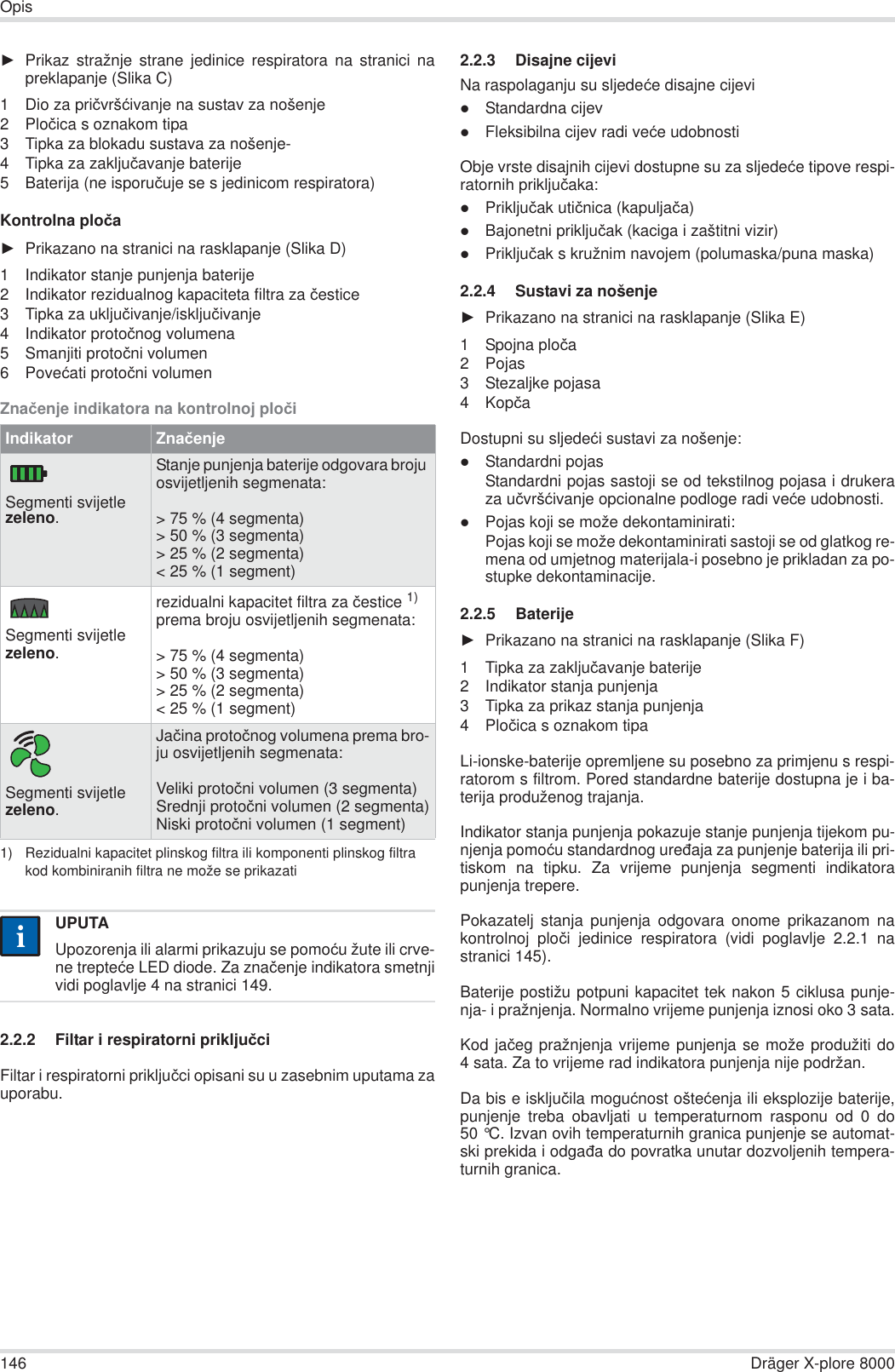 146 Dräger X-plore 8000OpisŹPrikaz stražnje strane jedinice respiratora na stranici napreklapanje (Slika C)1 Dio za priþvršüivanje na sustav za nošenje2Ploþica s oznakom tipa3 Tipka za blokadu sustava za nošenje-4 Tipka za zakljuþavanje baterije5 Baterija (ne isporuþuje se s jedinicom respiratora)Kontrolna ploþaŹPrikazano na stranici na rasklapanje (Slika D)1 Indikator stanje punjenja baterije2 Indikator rezidualnog kapaciteta filtra za þestice3 Tipka za ukljuþivanje/iskljuþivanje4 Indikator protoþnog volumena5 Smanjiti protoþni volumen6Poveüati protoþni volumenZnaþenje indikatora na kontrolnoj ploþi2.2.2 Filtar i respiratorni prikljuþciFiltar i respiratorni prikljuþci opisani su u zasebnim uputama zauporabu.2.2.3 Disajne cijeviNa raspolaganju su sljedeüe disajne cijevizStandardna cijevzFleksibilna cijev radi veüe udobnostiObje vrste disajnih cijevi dostupne su za sljedeüe tipove respi-ratornih prikljuþaka:zPrikljuþak utiþnica (kapuljaþa)zBajonetni prikljuþak (kaciga i zaštitni vizir)zPrikljuþak s kružnim navojem (polumaska/puna maska)2.2.4 Sustavi za nošenjeŹPrikazano na stranici na rasklapanje (Slika E)1 Spojna ploþa2Pojas3 Stezaljke pojasa4KopþaDostupni su sljedeüi sustavi za nošenje:zStandardni pojasStandardni pojas sastoji se od tekstilnog pojasa i drukeraza uþvršüivanje opcionalne podloge radi veüe udobnosti.zPojas koji se može dekontaminirati:Pojas koji se može dekontaminirati sastoji se od glatkog re-mena od umjetnog materijala-i posebno je prikladan za po-stupke dekontaminacije.2.2.5 BaterijeŹPrikazano na stranici na rasklapanje (Slika F)1 Tipka za zakljuþavanje baterije2 Indikator stanja punjenja3 Tipka za prikaz stanja punjenja4Ploþica s oznakom tipaLi-ionske-baterije opremljene su posebno za primjenu s respi-ratorom s filtrom. Pored standardne baterije dostupna je i ba-terija produženog trajanja.Indikator stanja punjenja pokazuje stanje punjenja tijekom pu-njenja pomoüu standardnog ureÿaja za punjenje baterija ili pri-tiskom na tipku. Za vrijeme punjenja segmenti indikatorapunjenja trepere.Pokazatelj stanja punjenja odgovara onome prikazanom nakontrolnoj ploþi jedinice respiratora (vidi poglavlje 2.2.1 nastranici 145).Baterije postižu potpuni kapacitet tek nakon 5 ciklusa punje-nja- i pražnjenja. Normalno vrijeme punjenja iznosi oko 3 sata.Kod jaþeg pražnjenja vrijeme punjenja se može produžiti do4 sata. Za to vrijeme rad indikatora punjenja nije podržan.Da bis e iskljuþila moguünost ošteüenja ili eksplozije baterije,punjenje treba obavljati u temperaturnom rasponu od 0 do50 °C. Izvan ovih temperaturnih granica punjenje se automat-ski prekida i odgaÿa do povratka unutar dozvoljenih tempera-turnih granica.Indikator ZnaþenjeSegmenti svijetle zeleno.Stanje punjenja baterije odgovara broju osvijetljenih segmenata:&gt; 75 % (4 segmenta)&gt; 50 % (3 segmenta)&gt; 25 % (2 segmenta)&lt; 25 % (1 segment)Segmenti svijetle zeleno.rezidualni kapacitet filtra za þestice 1) prema broju osvijetljenih segmenata:&gt; 75 % (4 segmenta)&gt; 50 % (3 segmenta)&gt; 25 % (2 segmenta)&lt; 25 % (1 segment)1) Rezidualni kapacitet plinskog filtra ili komponenti plinskog filtra kod kombiniranih filtra ne može se prikazatiSegmenti svijetle zeleno.Jaþina protoþnog volumena prema bro-ju osvijetljenih segmenata:Veliki protoþni volumen (3 segmenta)Srednji protoþni volumen (2 segmenta)Niski protoþni volumen (1 segment)UPUTAUpozorenja ili alarmi prikazuju se pomoüu žute ili crve-ne trepteüe LED diode. Za znaþenje indikatora smetnjividi poglavlje 4 na stranici 149.ii