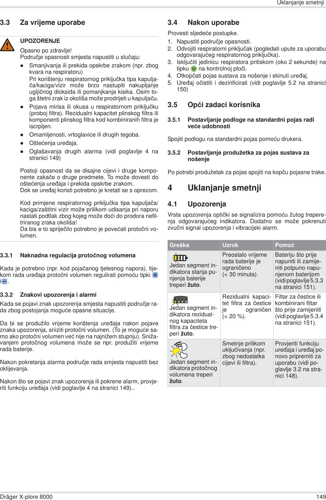 Uklanjanje smetnjiDräger X-plore 8000 1493.3 Za vrijeme uporabe3.3.1 Naknadna regulacija protoþnog volumenaKada je potrebno (npr. kod pojaþanog tjelesnog napora), tije-kom rada ureÿaja protoþni volumen regulirati pomoüu tipkii.3.3.2 Znakovi upozorenja i alarmiKada se pojavi znak upozorenja smjesta napustiti podruþje ra-da zbog postojanja moguüe opasne situacije.Da bi se produžilo vrijeme korištenja ureÿaja nakon pojaveznaka upozorenja, sniziti protoþni volumen. (To je moguüe sa-mo ako protoþni volumen veü nije na najnižem stupnju). Sniža-vanjem protoþnog volumena može se npr. produžiti vrijemerada baterije.Nakon pokretanja alarma podruþje rada smjesta napustiti bezoklijevanja.Nakon što se pojavi znak upozorenja ili pokrene alarm, provje-riti funkciju ureÿaja (vidi poglavlje 4 na stranici 149)..3.4 Nakon uporabeProvesti sljedeüe postupke.1. Napustiti podruþje opasnosti.2. Odvojiti respiratorni prikljuþak (pogledati upute za uporabuodgovarajuüeg respiratornog prikljuþka).3. Iskljuþiti jedinicu respiratora pritiskom (oko 2 sekunde) natipku  na kontrolnoj ploþi.4. Otkopþati pojas sustava za nošenje i skinuti ureÿaj.5. Ureÿaj oþistiti i dezinficirati (vidi poglavlje 5.2 na stranici150)3.5 Opüi zadaci korisnika3.5.1 Postavljanje podloge na standardni pojas radi veüe udobnostiSpojiti podlogu na standardni pojas pomoüu drukera.3.5.2 Postavljanje produžetka za pojas sustava za nošenjePo potrebi produžetak za pojas spojiti na kopþu pojasne trake.4 Uklanjanje smetnji4.1 UpozorenjaVrsta upozorenja optiþki se signalizira pomoüu žutog trepere-nja odgovarajuüeg indikatora. Dodatno se može pokrenutizvuþni signal upozorenja i vibracijski alarm.UPOZORENJEOpasno po zdravlje!Podruþje opasnosti smjesta napustiti u sluþaju:zSmanjivanja ili prekida opskrbe zrakom (npr. zbogkvara na respiratoru)Pri korištenju respiratornog prikljuþka tipa kapulja-þa/kaciga/vizir može brzo nastupiti nakupljanjeugljiþnog dioksida ili pomanjkanja kisika. Osim to-ga štetni zrak iz okoliša može prodrijeti u kapuljaþu.zPojava mirisa ili okusa u respiratornom prikljuþku(proboj filtra). Rezidualni kapacitet plinskog filtra ilikomponenti plinskog filtra kod kombiniranih filtra jeiscrpljen.zOmamljenosti, vrtoglavice ili drugih tegoba.zOšteüenja ureÿaja.zOglašavanja drugih alarma (vidi poglavlje 4 nastranici 149)Postoji opasnost da se disajne cijevi i druge kompo-nente zakaþe o druge predmete. To može dovesti doošteüenja ureÿaja i prekida opskrbe zrakom.Dok se ureÿaj koristi potrebno je kretati se s oprezom.Kod primjene respiratornog prikljuþka tipa kapuljaþa/kaciga/zaštitni vizir može prilikom udisanja pri naporunastati podtlak zbog kojeg može doüi do prodora nefil-triranog zraka okoliša!Da bis e to sprijeþilo potrebno je poveüati protoþni vo-lumen.!Greška Uzrok PomoüJedan segment in-dikatora stanja pu-njenja baterije treperi žuto.Preostalo vrijeme rada baterije je ograniþeno (&lt; 30 minuta).Bateriju što prije napuniti ili zamije-niti potpuno napu-njenom baterijom (vidi poglavlje 5.3.3 na stranici 151).Jedan segment in-dikatora rezidual-nog kapaciteta filtra za þestice tre-peri žuto.Rezidualni kapaci-tet filtra za þesticeje ograniþen(&lt; 20 %).Filtar za þestice ili kombinirani filtar što prije zamijeniti (vidi poglavlje 5.3.4 na stranici 151).Jedan segment in-dikatora protoþnog volumena treperi žuto.Smetnje prilikom ukljuþivanja (npr. zbog nedostatka cijevi ili filtra).Provjeriti funkciju ureÿaja i ureÿaj po-novo pripremiti za uporabu (vidi po-glavlje 3.2 na stra-nici 148).