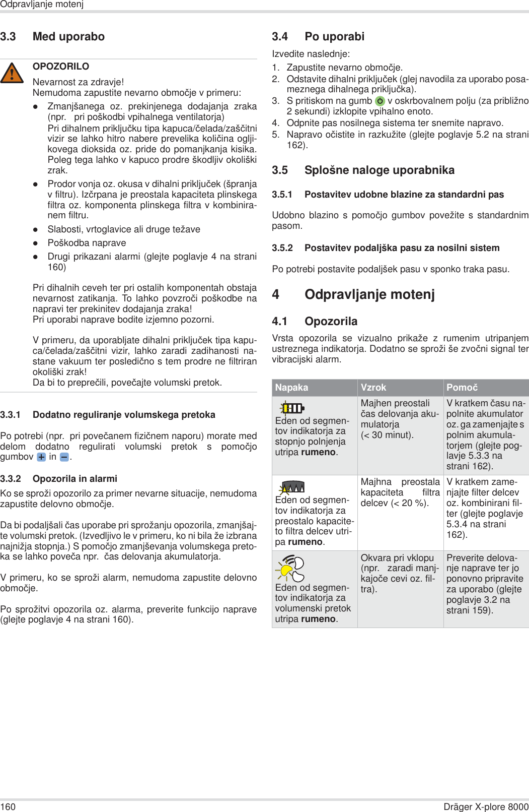 160 Dräger X-plore 8000Odpravljanje motenj3.3 Med uporabo3.3.1 Dodatno reguliranje volumskega pretokaPo potrebi (npr.  pri poveþanem fiziþnem naporu) morate meddelom dodatno regulirati volumski pretok s pomoþjogumbov  in  .3.3.2 Opozorila in alarmiKo se sproži opozorilo za primer nevarne situacije, nemudomazapustite delovno obmoþje.Da bi podaljšali þas uporabe pri sprožanju opozorila, zmanjšaj-te volumski pretok. (Izvedljivo le v primeru, ko ni bila že izbrananajnižja stopnja.) S pomoþjo zmanjševanja volumskega preto-ka se lahko poveþa npr.  þas delovanja akumulatorja.V primeru, ko se sproži alarm, nemudoma zapustite delovnoobmoþje.Po sprožitvi opozorila oz. alarma, preverite funkcijo naprave(glejte poglavje 4 na strani 160).3.4 Po uporabiIzvedite naslednje:1. Zapustite nevarno obmoþje.2. Odstavite dihalni prikljuþek (glej navodila za uporabo posa-meznega dihalnega prikljuþka). 3. S pritiskom na gumb  v oskrbovalnem polju (za približno2 sekundi) izklopite vpihalno enoto.4. Odpnite pas nosilnega sistema ter snemite napravo.5. Napravo oþistite in razkužite (glejte poglavje 5.2 na strani162).3.5 Splošne naloge uporabnika3.5.1 Postavitev udobne blazine za standardni pasUdobno blazino s pomoþjo gumbov povežite s standardnimpasom.3.5.2 Postavitev podaljška pasu za nosilni sistemPo potrebi postavite podaljšek pasu v sponko traka pasu.4 Odpravljanje motenj4.1 OpozorilaVrsta opozorila se vizualno prikaže z rumenim utripanjemustreznega indikatorja. Dodatno se sproži še zvoþni signal tervibracijski alarm.OPOZORILONevarnost za zdravje!Nemudoma zapustite nevarno obmoþje v primeru:zZmanjšanega oz. prekinjenega dodajanja zraka(npr.   pri poškodbi vpihalnega ventilatorja)Pri dihalnem prikljuþku tipa kapuca/þelada/zašþitnivizir se lahko hitro nabere prevelika koliþina oglji-kovega dioksida oz. pride do pomanjkanja kisika.Poleg tega lahko v kapuco prodre škodljiv okoliškizrak.zProdor vonja oz. okusa v dihalni prikljuþek (špranjav filtru). Izþrpana je preostala kapaciteta plinskegafiltra oz. komponenta plinskega filtra v kombinira-nem filtru.zSlabosti, vrtoglavice ali druge težavezPoškodba napravezDrugi prikazani alarmi (glejte poglavje 4 na strani160)Pri dihalnih ceveh ter pri ostalih komponentah obstajanevarnost zatikanja. To lahko povzroþi poškodbe nanapravi ter prekinitev dodajanja zraka!Pri uporabi naprave bodite izjemno pozorni.V primeru, da uporabljate dihalni prikljuþek tipa kapu-ca/þelada/zašþitni vizir, lahko zaradi zadihanosti na-stane vakuum ter poslediþno s tem prodre ne filtriranokoliški zrak!Da bi to prepreþili, poveþajte volumski pretok.!Napaka Vzrok PomoþEden od segmen-tov indikatorja za stopnjo polnjenja utripa rumeno.Majhen preostali þas delovanja aku-mulatorja (&lt; 30 minut).V kratkem þasu na-polnite akumulator oz. ga zamenjajte s polnim akumula-torjem (glejte pog-lavje 5.3.3 na strani 162).Eden od segmen-tov indikatorja za preostalo kapacite-to filtra delcev utri-pa rumeno.Majhna preostalakapaciteta filtradelcev (&lt; 20 %).V kratkem zame-njajte filter delcev oz. kombinirani fil-ter (glejte poglavje 5.3.4 na strani 162).Eden od segmen-tov indikatorja za volumenski pretok utripa rumeno.Okvara pri vklopu (npr.   zaradi manj-kajoþe cevi oz. fil-tra).Preverite delova-nje naprave ter jo ponovno pripravite za uporabo (glejte poglavje 3.2 na strani 159).