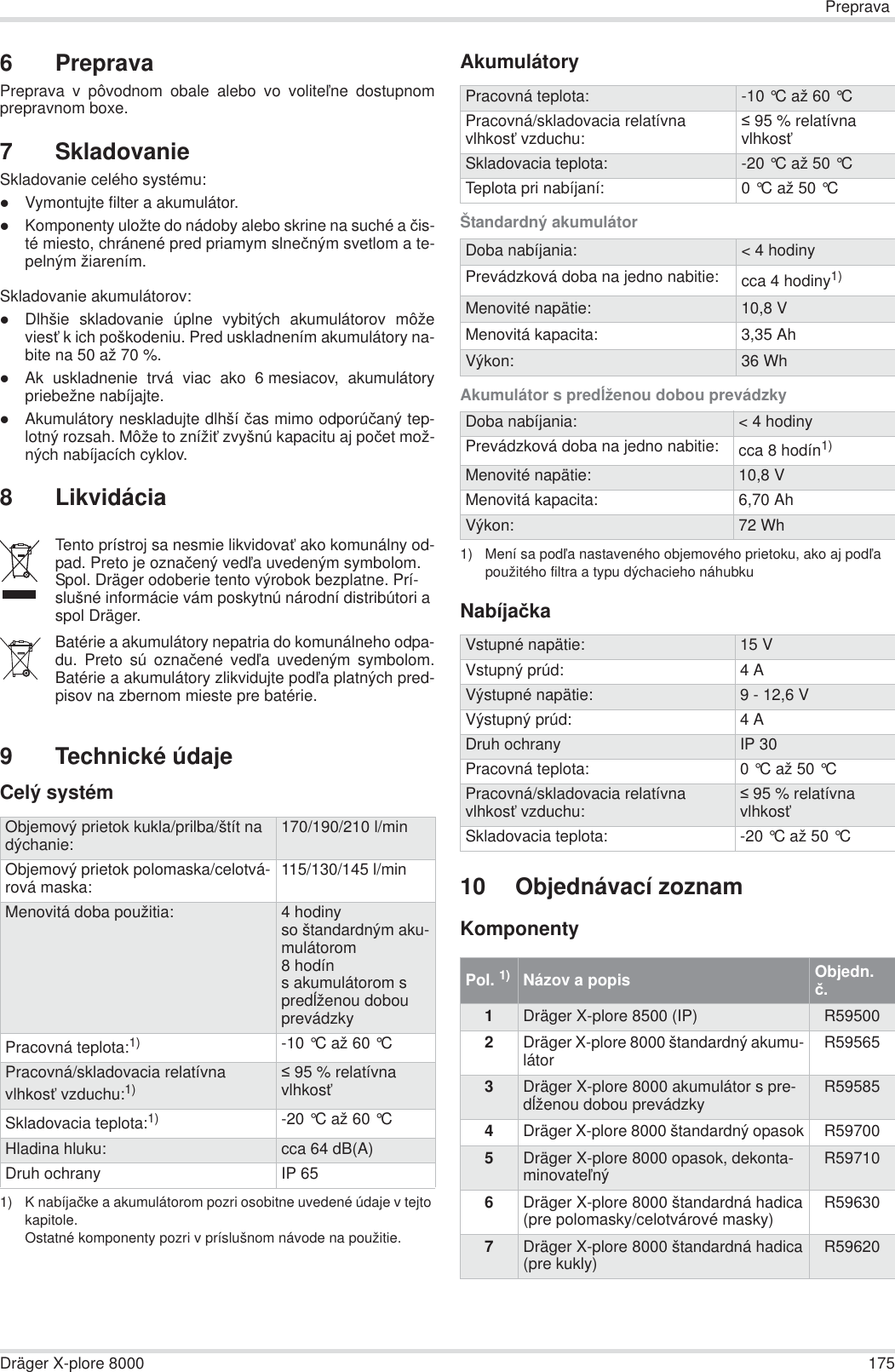 PrepravaDräger X-plore 8000 1756 PrepravaPreprava v pôvodnom obale alebo vo voliteĐne dostupnomprepravnom boxe.7 SkladovanieSkladovanie celého systému:zVymontujte filter a akumulátor.zKomponenty uložte do nádoby alebo skrine na suché a þis-té miesto, chránené pred priamym slneþným svetlom a te-pelným žiarením.Skladovanie akumulátorov:zDlhšie skladovanie úplne vybitých akumulátorov môževiesĢ k ich poškodeniu. Pred uskladnením akumulátory na-bite na 50 až 70 %.zAk uskladnenie trvá viac ako 6 mesiacov, akumulátorypriebežne nabíjajte.zAkumulátory neskladujte dlhší þas mimo odporúþaný tep-lotný rozsah. Môže to znížiĢ zvyšnú kapacitu aj poþet mož-ných nabíjacích cyklov.8 Likvidácia9 Technické údajeCelý systémAkumulátoryŠtandardný akumulátorAkumulátor s predĎženou dobou prevádzkyNabíjaþka10 Objednávací zoznamKomponentyTento prístroj sa nesmie likvidovaĢ ako komunálny od-pad. Preto je oznaþený vedĐa uvedeným symbolom.Spol. Dräger odoberie tento výrobok bezplatne. Prí-slušné informácie vám poskytnú národní distribútori a spol Dräger.Batérie a akumulátory nepatria do komunálneho odpa-du. Preto sú oznaþené vedĐa uvedeným symbolom.Batérie a akumulátory zlikvidujte podĐa platných pred-pisov na zbernom mieste pre batérie.Objemový prietok kukla/prilba/štít na dýchanie: 170/190/210 l/minObjemový prietok polomaska/celotvá-rová maska: 115/130/145 l/minMenovitá doba použitia: 4 hodinyso štandardným aku-mulátorom8 hodíns akumulátorom s predĎženou dobou prevádzkyPracovná teplota:1)1) K nabíjaþke a akumulátorom pozri osobitne uvedené údaje v tejto kapitole.Ostatné komponenty pozri v príslušnom návode na použitie.-10 °C až 60 °C Pracovná/skladovacia relatívna vlhkosĢ vzduchu:1)  95 % relatívna vlhkosĢSkladovacia teplota:1) -20 °C až 60 °C Hladina hluku: cca 64 dB(A)Druh ochrany IP 65Pracovná teplota: -10 °C až 60 °C Pracovná/skladovacia relatívna vlhkosĢ vzduchu:  95 % relatívna vlhkosĢSkladovacia teplota: -20 °C až 50 °C Teplota pri nabíjaní: 0 °C až 50 °C Doba nabíjania: &lt; 4 hodinyPrevádzková doba na jedno nabitie: cca 4 hodiny1)Menovité napätie: 10,8 VMenovitá kapacita: 3,35 AhVýkon: 36 WhDoba nabíjania: &lt; 4 hodinyPrevádzková doba na jedno nabitie: cca 8 hodín1)1) Mení sa podĐa nastaveného objemového prietoku, ako aj podĐa použitého filtra a typu dýchacieho náhubkuMenovité napätie: 10,8 VMenovitá kapacita: 6,70 AhVýkon: 72 WhVstupné napätie: 15 VVstupný prúd: 4AVýstupné napätie: 9 - 12,6 VVýstupný prúd: 4ADruh ochrany IP 30Pracovná teplota: 0 °C až 50 °C Pracovná/skladovacia relatívna vlhkosĢ vzduchu:  95 % relatívna vlhkosĢSkladovacia teplota: -20 °C až 50 °C Pol. 1) Názov a popis Objedn. þ.1Dräger X-plore 8500 (IP) R595002Dräger X-plore 8000 štandardný akumu-látor R595653Dräger X-plore 8000 akumulátor s pre-dĎženou dobou prevádzky R595854Dräger X-plore 8000 štandardný opasok R597005Dräger X-plore 8000 opasok, dekonta-minovateĐný R597106Dräger X-plore 8000 štandardná hadica(pre polomasky/celotvárové masky) R596307Dräger X-plore 8000 štandardná hadica(pre kukly) R59620