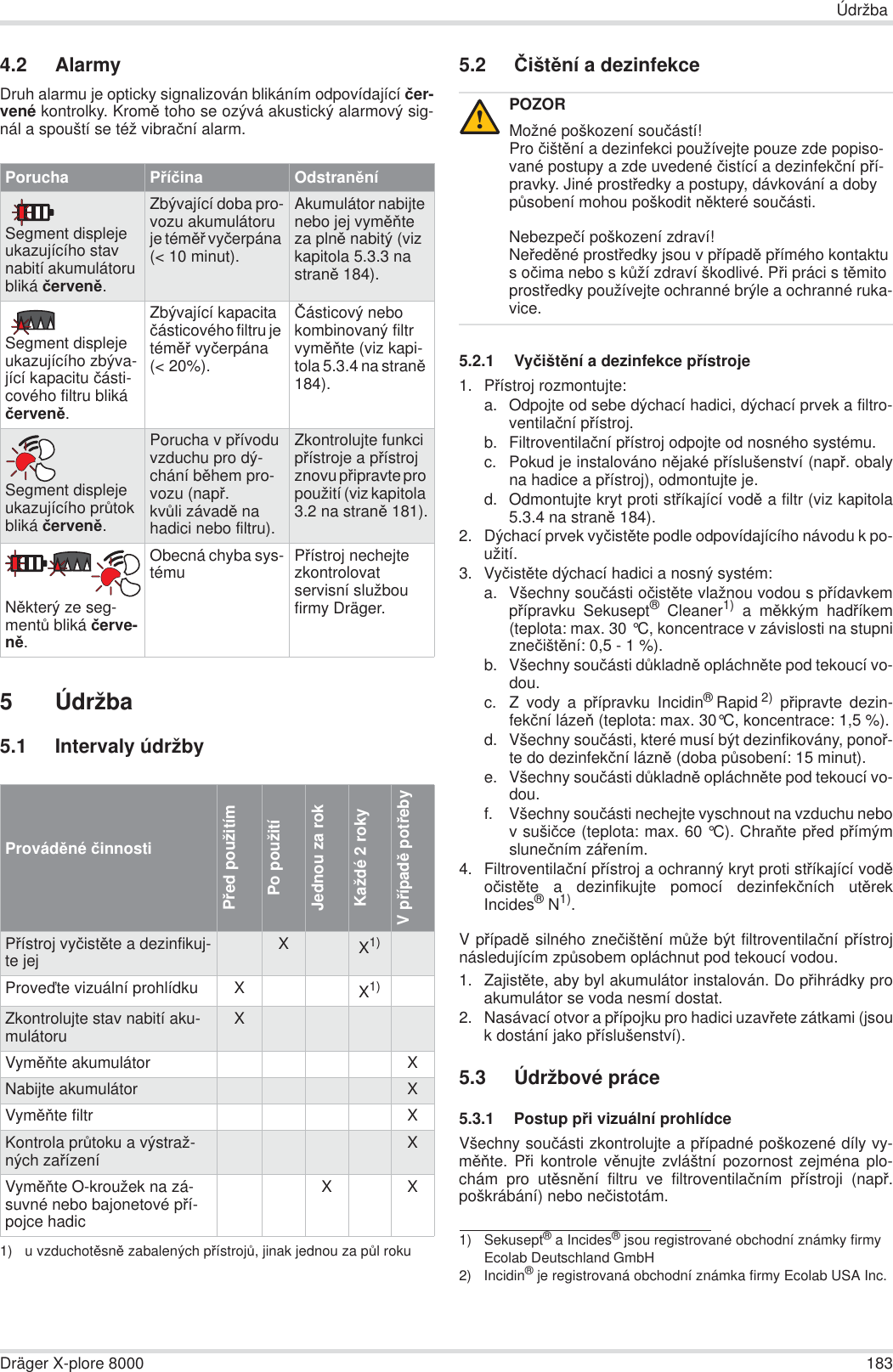 ÚdržbaDräger X-plore 8000 1834.2 AlarmyDruh alarmu je opticky signalizován blikáním odpovídající þer-vené kontrolky. KromČ toho se ozývá akustický alarmový sig-nál a spouští se též vibraþní alarm.5Údržba5.1 Intervaly údržby5.2 ýištČní a dezinfekce5.2.1 VyþištČní a dezinfekce pĜístroje1. PĜístroj rozmontujte:a. Odpojte od sebe dýchací hadici, dýchací prvek a filtro-ventilaþní pĜístroj.b. Filtroventilaþní pĜístroj odpojte od nosného systému.c. Pokud je instalováno nČjaké pĜíslušenství (napĜ. obalyna hadice a pĜístroj), odmontujte je.d. Odmontujte kryt proti stĜíkající vodČ a filtr (viz kapitola5.3.4 na stranČ 184).2. Dýchací prvek vyþistČte podle odpovídajícího návodu k po-užití.3. VyþistČte dýchací hadici a nosný systém:a. Všechny souþásti oþistČte vlažnou vodou s pĜídavkempĜípravku Sekusept® Cleaner1) a mČkkým hadĜíkem(teplota: max. 30 °C, koncentrace v závislosti na stupnizneþištČní: 0,5 - 1 %).b. Všechny souþásti dĤkladnČ opláchnČte pod tekoucí vo-dou.c. Z vody a pĜípravku Incidin®Rapid 2) pĜipravte dezin-fekþní lázeĖ (teplota: max. 30°C, koncentrace: 1,5 %).d. Všechny souþásti, které musí být dezinfikovány, ponoĜ-te do dezinfekþní láznČ (doba pĤsobení: 15 minut).e. Všechny souþásti dĤkladnČ opláchnČte pod tekoucí vo-dou.f. Všechny souþásti nechejte vyschnout na vzduchu nebov sušiþce (teplota: max. 60 °C). ChraĖte pĜed pĜímýmsluneþním záĜením.4. Filtroventilaþní pĜístroj a ochranný kryt proti stĜíkající vodČoþistČte a dezinfikujte pomocí dezinfekþních utČrekIncides®N1).V pĜípadČ silného zneþištČní mĤže být filtroventilaþní pĜístrojnásledujícím zpĤsobem opláchnut pod tekoucí vodou.1. ZajistČte, aby byl akumulátor instalován. Do pĜihrádky proakumulátor se voda nesmí dostat.2. Nasávací otvor a pĜípojku pro hadici uzavĜete zátkami (jsouk dostání jako pĜíslušenství).5.3 Údržbové práce5.3.1 Postup pĜi vizuální prohlídceVšechny souþásti zkontrolujte a pĜípadné poškozené díly vy-mČĖte. PĜi kontrole vČnujte zvláštní pozornost zejména plo-chám pro utČsnČní filtru ve filtroventilaþním pĜístroji (napĜ.poškrábání) nebo neþistotám.Porucha PĜíþina OdstranČníSegment displeje ukazujícího stav nabití akumulátoru bliká þervenČ.Zbývající doba pro-vozu akumulátoru je témČĜ vyþerpána (&lt; 10 minut).Akumulátor nabijte nebo jej vymČĖte za plnČ nabitý (viz kapitola 5.3.3 na stranČ 184).Segment displeje ukazujícího zbýva-jící kapacitu þásti-cového filtru bliká þervenČ.Zbývající kapacita þásticového filtru je témČĜ vyþerpána (&lt; 20%).ýásticový nebo kombinovaný filtr vymČĖte (viz kapi-tola 5.3.4 na stranČ 184).Segment displeje ukazujícího prĤtok bliká þervenČ.Porucha v pĜívodu vzduchu pro dý-chání bČhem pro-vozu (napĜ. kvĤli závadČ na hadici nebo filtru).Zkontrolujte funkci pĜístroje a pĜístroj znovu pĜipravte pro použití (viz kapitola 3.2 na stranČ 181).NČkterý ze seg-mentĤ bliká þerve-nČ.Obecná chyba sys-tému PĜístroj nechejte zkontrolovat servisní službou firmy Dräger.ProvádČné þinnostiPĜed použitímPo použitíJednou za rokKaždé 2 rokyV pĜípadČ potĜebyPĜístroj vyþistČte a dezinfikuj-te jej XX1)1) u vzduchotČsnČ zabalených pĜístrojĤ, jinak jednou za pĤl rokuProvećte vizuální prohlídku XX1)Zkontrolujte stav nabití aku-mulátoru XVymČĖte akumulátor XNabijte akumulátor XVymČĖte filtr XKontrola prĤtoku a výstraž-ných zaĜízení XVymČĖte O-kroužek na zá-suvné nebo bajonetové pĜí-pojce hadicX XPOZORMožné poškození souþástí!Pro þištČní a dezinfekci používejte pouze zde popiso-vané postupy a zde uvedené þistící a dezinfekþní pĜí-pravky. Jiné prostĜedky a postupy, dávkování a doby pĤsobení mohou poškodit nČkteré souþásti.Nebezpeþí poškození zdraví!NeĜedČné prostĜedky jsou v pĜípadČ pĜímého kontaktu s oþima nebo s kĤží zdraví škodlivé. PĜi práci s tČmito prostĜedky používejte ochranné brýle a ochranné ruka-vice.1) Sekusept® a Incides® jsou registrované obchodní známky firmy Ecolab Deutschland GmbH2) Incidin® je registrovaná obchodní známka firmy Ecolab USA Inc.!