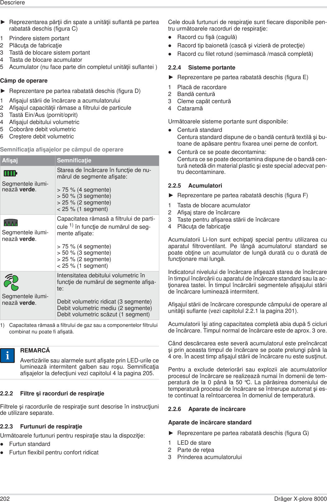 202 Dräger X-plore 8000DescriereŹReprezentarea părĠii din spate a unităĠii suflantă pe partearabatată deschis (figura C)1 Prindere sistem portant2PlăcuĠa de fabricaĠie3Tastă de blocare sistem portant4 Tasta de blocare acumulator5 Acumulator (nu face parte din completul unităĠii suflantei )Câmp de operareŹReprezentare pe partea rabatată deschis (figura D)1Afiúajul stării de încărcare a acumulatorului2Afiúajul capacităĠii rămase a filtrului de particule3Tastă Ein/Aus (pornit/oprit)4Afiúajul debitului volumetric5 Coborâre debit volumetric6Creútere debit volumetricSemnificaĠia afiúajelor pe câmpul de operare2.2.2 Filtre úi racorduri de respiraĠieFiltrele úi racordurile de respiraĠie sunt descrise în instrucĠiunide utilizare separate.2.2.3 Furtunuri de respiraĠieUrmătoarele furtunuri pentru respiraĠie stau la dispoziĠie:zFurtun standardzFurtun flexibil pentru confort ridicatCele două furtunuri de respiraĠie sunt fiecare disponibile pen-tru următoarele racorduri de respiraĠie:zRacord cu fiúă (cagulă)zRacord tip baionetă (cască úi vizieră de protecĠie)zRacord cu filet rotund (semimască /mască completă)2.2.4 Sisteme portanteŹReprezentare pe partea rabatată deschis (figura E)1Placă de racordare 2Bandă centură3 Cleme capăt centură4CataramăUrmătoarele sisteme portante sunt disponibile:zCentură standardCentura standard dispune de o bandă centură textilă úi bu-toane de apăsare pentru fixarea unei perne de confort.zCentură ce se poate decontamina:Centura ce se poate decontamina dispune de o bandă cen-tură netedă din material plastic úi este special adecvat pen-tru decontaminare.2.2.5 AcumulatoriŹReprezentare pe partea rabatată deschis (figura F)1 Tasta de blocare acumulator2Afiúaj stare de încărcare3 Taste pentru afiúarea stării de încărcare4PlăcuĠa de fabricaĠieAcumulatorii Li-Ion sunt echipaĠi special pentru utilizarea cuaparatul filtroventilant. Pe lângă acumulatorul standard sepoate obĠine un acumulator de lungă durată cu o durată defuncĠionare mai lungă.Indicatorul nivelului de încărcare afiúează starea de încărcareîn timpul încărcării cu aparatul de încărcare standard sau la ac-Ġionarea tastei. În timpul încărcării segmentele afiúajului stăriide încărcare luminează intermitent.Afiúajul stării de încărcare corespunde câmpului de operare alunităĠii suflante (vezi capitolul 2.2.1 la pagina 201).Acumulatorii îúi ating capacitatea completă abia după 5 cicluride încărcare. Timpul normal de încărcare este de aprox. 3 ore.Când descărcarea este severă acumulatorul este preîncărcatúi prin aceasta timpul de încărcare se poate prelungi până la4 ore. În acest timp afiúajul stării de încărcare nu este susĠinut.Pentru a exclude deteriorări sau explozii ale acumulatorilorprocesul de încărcare se realizează numai în domenii de tem-peratură de la 0 până la 50°C. La părăsirea domeniului detemperatură procesul de încărcare se întrerupe automat úi es-te continuat la reîntoarcerea în domeniul de temperatură.2.2.6 Aparate de încărcareAparate de încărcare standardŹReprezentare pe partea rabatată deschis (figura G)1 LED de stare2Parte de reĠea3 Prinderea acumulatoruluiAfiúaj SemnificaĠieSegmentele ilumi-nează verde.Starea de încărcare în funcĠie de nu-mărul de segmente afiúate:&gt; 75 % (4 segmente)&gt; 50 % (3 segmente)&gt; 25 % (2 segmente)&lt; 25 % (1 segment)Segmentele ilumi-nează verde.Capacitatea rămasă a filtrului de parti-cule 1) în funcĠie de numărul de seg-mente afiúate:&gt; 75 % (4 segmente)&gt; 50 % (3 segmente)&gt; 25 % (2 segmente)&lt; 25 % (1 segment)1) Capacitatea rămasă a filtrului de gaz sau a componentelor filtrului combinat nu poate fi afiúată.Segmentele ilumi-nează verde.Intensitatea debitului volumetric în funcĠie de numărul de segmente afiúa-te:Debit volumetric ridicat (3 segmente)Debit volumetric mediu (2 segmente)Debit volumetric scăzut (1 segment)REMARCĂAvertizările sau alarmele sunt afiúate prin LED-urile celuminează intermitent galben sau roúu. SemnificaĠiaafiúajelor la defecĠiuni vezi capitolul 4 la pagina 205.ii