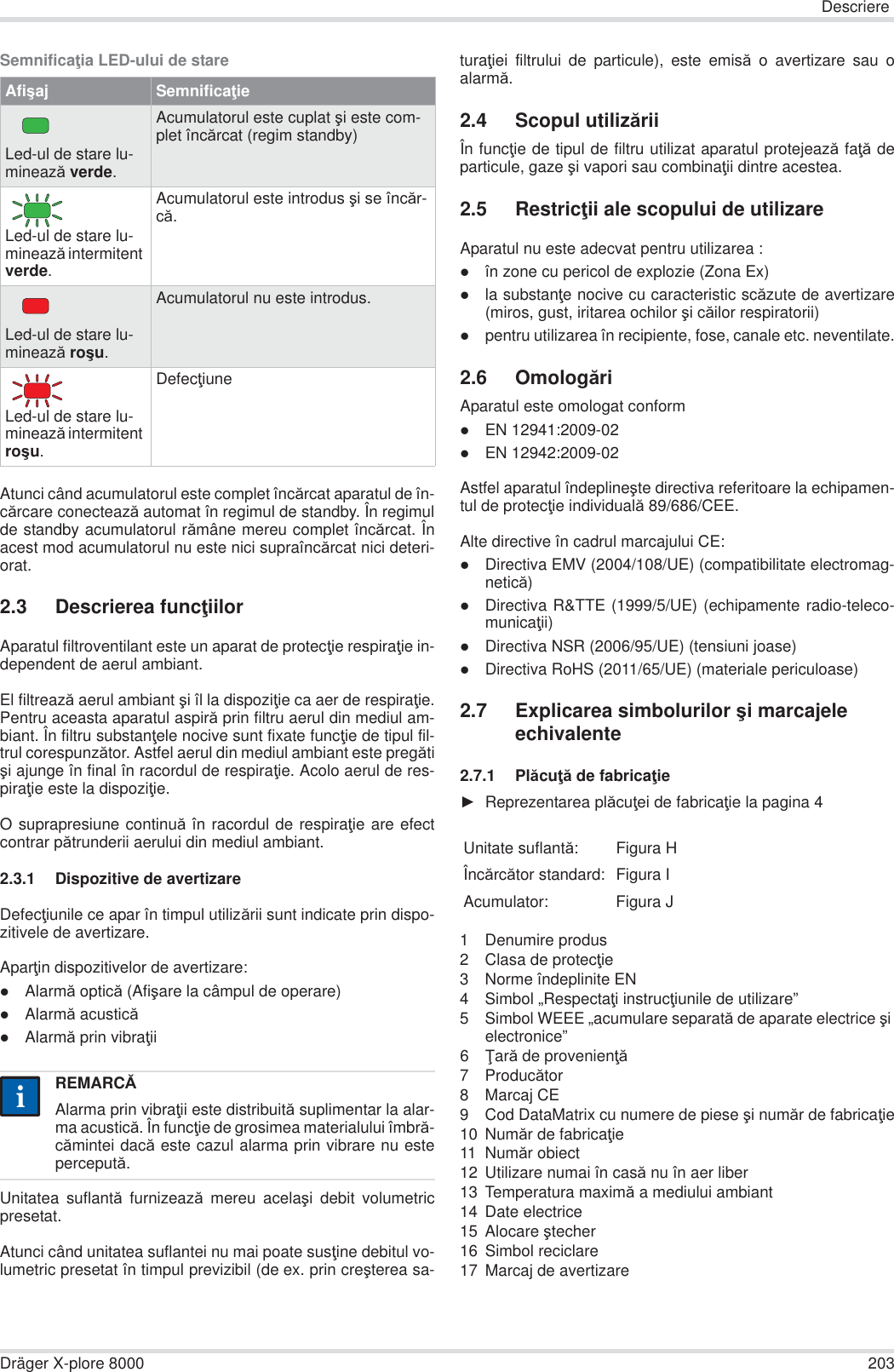 DescriereDräger X-plore 8000 203SemnificaĠia LED-ului de stareAtunci când acumulatorul este complet încărcat aparatul de în-cărcare conectează automat în regimul de standby. În regimulde standby acumulatorul rămâne mereu complet încărcat. Înacest mod acumulatorul nu este nici supraîncărcat nici deteri-orat.2.3 Descrierea funcĠiilorAparatul filtroventilant este un aparat de protecĠie respiraĠie in-dependent de aerul ambiant. El filtrează aerul ambiant úi îl la dispoziĠie ca aer de respiraĠie.Pentru aceasta aparatul aspiră prin filtru aerul din mediul am-biant. În filtru substanĠele nocive sunt fixate funcĠie de tipul fil-trul corespunzător. Astfel aerul din mediul ambiant este pregătiúi ajunge în final în racordul de respiraĠie. Acolo aerul de res-piraĠie este la dispoziĠie.O suprapresiune continuă în racordul de respiraĠie are efectcontrar pătrunderii aerului din mediul ambiant.2.3.1 Dispozitive de avertizareDefecĠiunile ce apar în timpul utilizării sunt indicate prin dispo-zitivele de avertizare.AparĠin dispozitivelor de avertizare:zAlarmă optică (Afiúare la câmpul de operare)zAlarmă acusticăzAlarmă prin vibraĠiiUnitatea suflantă furnizează mereu acelaúi debit volumetricpresetat.Atunci când unitatea suflantei nu mai poate susĠine debitul vo-lumetric presetat în timpul previzibil (de ex. prin creúterea sa-turaĠiei filtrului de particule), este emisă o avertizare sau oalarmă.2.4 Scopul utilizăriiÎn funcĠie de tipul de filtru utilizat aparatul protejează faĠă departicule, gaze úi vapori sau combinaĠii dintre acestea.2.5 RestricĠii ale scopului de utilizareAparatul nu este adecvat pentru utilizarea :zîn zone cu pericol de explozie (Zona Ex)zla substanĠe nocive cu caracteristic scăzute de avertizare(miros, gust, iritarea ochilor úi căilor respiratorii)zpentru utilizarea în recipiente, fose, canale etc. neventilate.2.6 OmologăriAparatul este omologat conformzEN 12941:2009-02zEN 12942:2009-02Astfel aparatul îndeplineúte directiva referitoare la echipamen-tul de protecĠie individuală 89/686/CEE.Alte directive în cadrul marcajului CE:zDirectiva EMV (2004/108/UE) (compatibilitate electromag-netică)zDirectiva R&amp;TTE (1999/5/UE) (echipamente radio-teleco-municaĠii)zDirectiva NSR (2006/95/UE) (tensiuni joase)zDirectiva RoHS (2011/65/UE) (materiale periculoase)2.7 Explicarea simbolurilor úi marcajele echivalente2.7.1 PlăcuĠă de fabricaĠieŹReprezentarea plăcuĠei de fabricaĠie la pagina 41 Denumire produs2 Clasa de protecĠie3 Norme îndeplinite EN4 Simbol „RespectaĠi instrucĠiunile de utilizare”5 Simbol WEEE „acumulare separată de aparate electrice úi electronice”6ğară de provenienĠă7Producător8 Marcaj CE9 Cod DataMatrix cu numere de piese úi număr de fabricaĠie10 Număr de fabricaĠie11 Număr obiect12 Utilizare numai în casă nu în aer liber13 Temperatura maximă a mediului ambiant14 Date electrice15 Alocare útecher16 Simbol reciclare17 Marcaj de avertizareAfiúaj SemnificaĠieLed-ul de stare lu-minează verde.Acumulatorul este cuplat úi este com-plet încărcat (regim standby)Led-ul de stare lu-minează intermitent verde.Acumulatorul este introdus úi se încăr-că.Led-ul de stare lu-minează roúu.Acumulatorul nu este introdus.Led-ul de stare lu-minează intermitent roúu.DefecĠiuneREMARCĂAlarma prin vibraĠii este distribuită suplimentar la alar-ma acustică. În funcĠie de grosimea materialului îmbră-cămintei dacă este cazul alarma prin vibrare nu estepercepută.iiUnitate suflantă:Figura HÎncărcător standard: Figura IAcumulator: Figura J