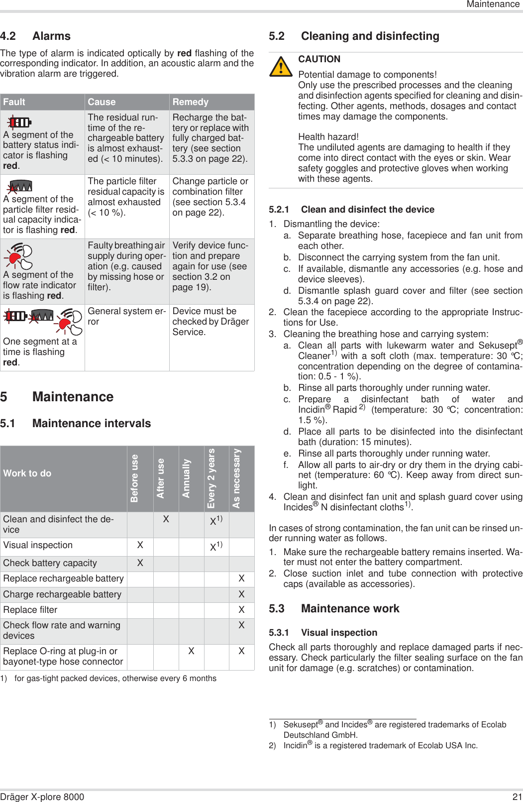 MaintenanceDräger X-plore 8000 214.2 AlarmsThe type of alarm is indicated optically by red flashing of thecorresponding indicator. In addition, an acoustic alarm and thevibration alarm are triggered.5 Maintenance5.1 Maintenance intervals5.2 Cleaning and disinfecting5.2.1 Clean and disinfect the device1. Dismantling the device:a. Separate breathing hose, facepiece and fan unit fromeach other.b. Disconnect the carrying system from the fan unit.c. If available, dismantle any accessories (e.g. hose anddevice sleeves).d. Dismantle splash guard cover and filter (see section5.3.4 on page 22).2. Clean the facepiece according to the appropriate Instruc-tions for Use.3. Cleaning the breathing hose and carrying system:a. Clean all parts with lukewarm water and Sekusept®Cleaner1) with a soft cloth (max. temperature: 30 °C;concentration depending on the degree of contamina-tion: 0.5 - 1 %).b. Rinse all parts thoroughly under running water.c. Prepare a disinfectant bath of water andIncidin®Rapid 2) (temperature: 30 °C; concentration:1.5 %).d. Place all parts to be disinfected into the disinfectantbath (duration: 15 minutes).e. Rinse all parts thoroughly under running water.f. Allow all parts to air-dry or dry them in the drying cabi-net (temperature: 60 °C). Keep away from direct sun-light.4. Clean and disinfect fan unit and splash guard cover usingIncides®N disinfectant cloths1).In cases of strong contamination, the fan unit can be rinsed un-der running water as follows.1. Make sure the rechargeable battery remains inserted. Wa-ter must not enter the battery compartment.2. Close suction inlet and tube connection with protectivecaps (available as accessories).5.3 Maintenance work5.3.1 Visual inspectionCheck all parts thoroughly and replace damaged parts if nec-essary. Check particularly the filter sealing surface on the fanunit for damage (e.g. scratches) or contamination.Fault Cause RemedyA segment of the battery status indi-cator is flashing red.The residual run-time of the re-chargeable battery is almost exhaust-ed (&lt; 10 minutes).Recharge the bat-tery or replace with fully charged bat-tery (see section 5.3.3 on page 22).A segment of the particle filter resid-ual capacity indica-tor is flashing red.The particle filter residual capacity is almost exhausted (&lt; 10 %).Change particle or combination filter (see section 5.3.4 on page 22).A segment of the flow rate indicator is flashing red.Faulty breathing air supply during oper-ation (e.g. caused by missing hose or filter).Verify device func-tion and prepare again for use (see section 3.2 on page 19).One segment at a time is flashing red.General system er-ror Device must be checked by Dräger Service.Work to doBefore useAfter useAnnuallyEvery 2 yearsAs necessaryClean and disinfect the de-vice XX1)1) for gas-tight packed devices, otherwise every 6 monthsVisual inspection XX1)Check battery capacity XReplace rechargeable battery XCharge rechargeable battery XReplace filter XCheck flow rate and warning devices XReplace O-ring at plug-in or bayonet-type hose connector X XCAUTIONPotential damage to components!Only use the prescribed processes and the cleaning and disinfection agents specified for cleaning and disin-fecting. Other agents, methods, dosages and contact times may damage the components.Health hazard!The undiluted agents are damaging to health if they come into direct contact with the eyes or skin. Wear safety goggles and protective gloves when working with these agents.1) Sekusept® and Incides® are registered trademarks of Ecolab Deutschland GmbH.2) Incidin® is a registered trademark of Ecolab USA Inc.!
