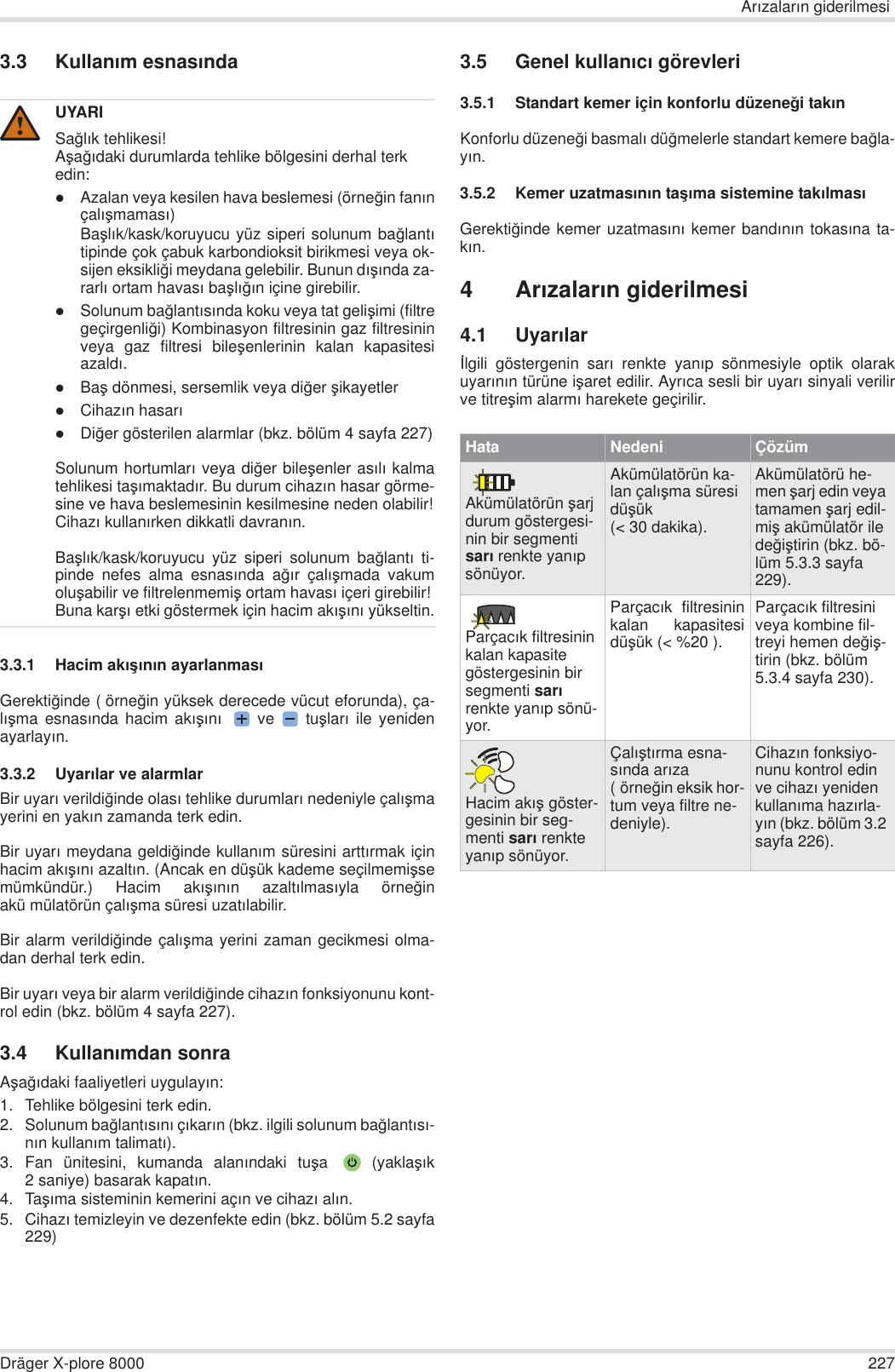 ArÕzalarÕn giderilmesiDräger X-plore 8000 2273.3 KullanÕm esnasÕnda3.3.1 Hacim akÕúÕnÕn ayarlanmasÕGerekti÷inde ( örne÷in yüksek derecede vücut eforunda), ça-lÕúma esnasÕnda hacim akÕúÕnÕ   ve   tuúlarÕ ile yenidenayarlayÕn.3.3.2 UyarÕlar ve alarmlarBir uyarÕ verildi÷inde olasÕ tehlike durumlarÕ nedeniyle çalÕúmayerini en yakÕn zamanda terk edin.Bir uyarÕ meydana geldi÷inde kullanÕm süresini arttÕrmak içinhacim akÕúÕnÕ azaltÕn. (Ancak en düúük kademe seçilmemiúsemümkündür.) Hacim akÕúÕnÕn azaltÕlmasÕyla örne÷inakü mülatörün çalÕúma süresi uzatÕlabilir.Bir alarm verildi÷inde çalÕúma yerini zaman gecikmesi olma-dan derhal terk edin.Bir uyarÕ veya bir alarm verildi÷inde cihazÕn fonksiyonunu kont-rol edin (bkz. bölüm 4 sayfa 227).3.4 KullanÕmdan sonraAúa÷Õdaki faaliyetleri uygulayÕn:1. Tehlike bölgesini terk edin.2. Solunum ba÷lantÕsÕnÕ çÕkarÕn (bkz. ilgili solunum ba÷lantÕsÕ-nÕn kullanÕm talimatÕ).3. Fan ünitesini, kumanda alanÕndaki tuúa   (yaklaúÕk2 saniye) basarak kapatÕn.4. TaúÕma sisteminin kemerini açÕn ve cihazÕ alÕn.5. CihazÕ temizleyin ve dezenfekte edin (bkz. bölüm 5.2 sayfa229)3.5 Genel kullanÕcÕ görevleri3.5.1 Standart kemer için konforlu düzene÷i takÕnKonforlu düzene÷i basmalÕ dü÷melerle standart kemere ba÷la-yÕn.3.5.2 Kemer uzatmasÕnÕn taúÕma sistemine takÕlmasÕGerekti÷inde kemer uzatmasÕnÕ kemer bandÕnÕn tokasÕna ta-kÕn.4ArÕzalarÕn giderilmesi4.1 UyarÕlarølgili göstergenin sarÕ renkte yanÕp sönmesiyle optik olarakuyarÕnÕn türüne iúaret edilir. AyrÕca sesli bir uyarÕ sinyali verilirve titreúim alarmÕ harekete geçirilir.UYARISa÷lÕk tehlikesi!Aúa÷Õdaki durumlarda tehlike bölgesini derhal terk edin:zAzalan veya kesilen hava beslemesi (örne÷in fanÕnçalÕúmamasÕ)BaúlÕk/kask/koruyucu yüz siperi solunum ba÷lantÕtipinde çok çabuk karbondioksit birikmesi veya ok-sijen eksikli÷i meydana gelebilir. Bunun dÕúÕnda za-rarlÕ ortam havasÕ baúlÕ÷Õn içine girebilir.zSolunum ba÷lantÕsÕnda koku veya tat geliúimi (filtregeçirgenli÷i) Kombinasyon filtresinin gaz filtresininveya gaz filtresi bileúenlerinin kalan kapasitesiazaldÕ.zBaú dönmesi, sersemlik veya di÷er úikayetlerzCihazÕn hasarÕzDi÷er gösterilen alarmlar (bkz. bölüm 4 sayfa 227)Solunum hortumlarÕ veya di÷er bileúenler asÕlÕ kalmatehlikesi taúÕmaktadÕr. Bu durum cihazÕn hasar görme-sine ve hava beslemesinin kesilmesine neden olabilir!CihazÕ kullanÕrken dikkatli davranÕn.BaúlÕk/kask/koruyucu yüz siperi solunum ba÷lantÕ ti-pinde nefes alma esnasÕnda a÷Õr çalÕúmada vakumoluúabilir ve filtrelenmemiú ortam havasÕ içeri girebilir! Buna karúÕ etki göstermek için hacim akÕúÕnÕ yükseltin.!Hata Nedeni ÇözümAkümülatörün úarj durum göstergesi-nin bir segmenti sarÕ renkte yanÕp sönüyor.Akümülatörün ka-lan çalÕúma süresi düúük (&lt; 30 dakika).Akümülatörü he-men úarj edin veya tamamen úarj edil-miú akümülatör ile de÷iútirin (bkz. bö-lüm 5.3.3 sayfa 229).ParçacÕk filtresinin kalan kapasite göstergesinin bir segmenti sarÕ renkte yanÕp sönü-yor.ParçacÕk filtresininkalan kapasitesidüúük (&lt; %20 ).ParçacÕk filtresini veya kombine fil-treyi hemen de÷iú-tirin (bkz. bölüm 5.3.4 sayfa 230).Hacim akÕú göster-gesinin bir seg-menti sarÕ renkte yanÕp sönüyor.ÇalÕútÕrma esna-sÕnda arÕza (örne÷in eksik hor-tum veya filtre ne-deniyle).CihazÕn fonksiyo-nunu kontrol edin ve cihazÕ yeniden kullanÕma hazÕrla-yÕn (bkz. bölüm 3.2 sayfa 226).