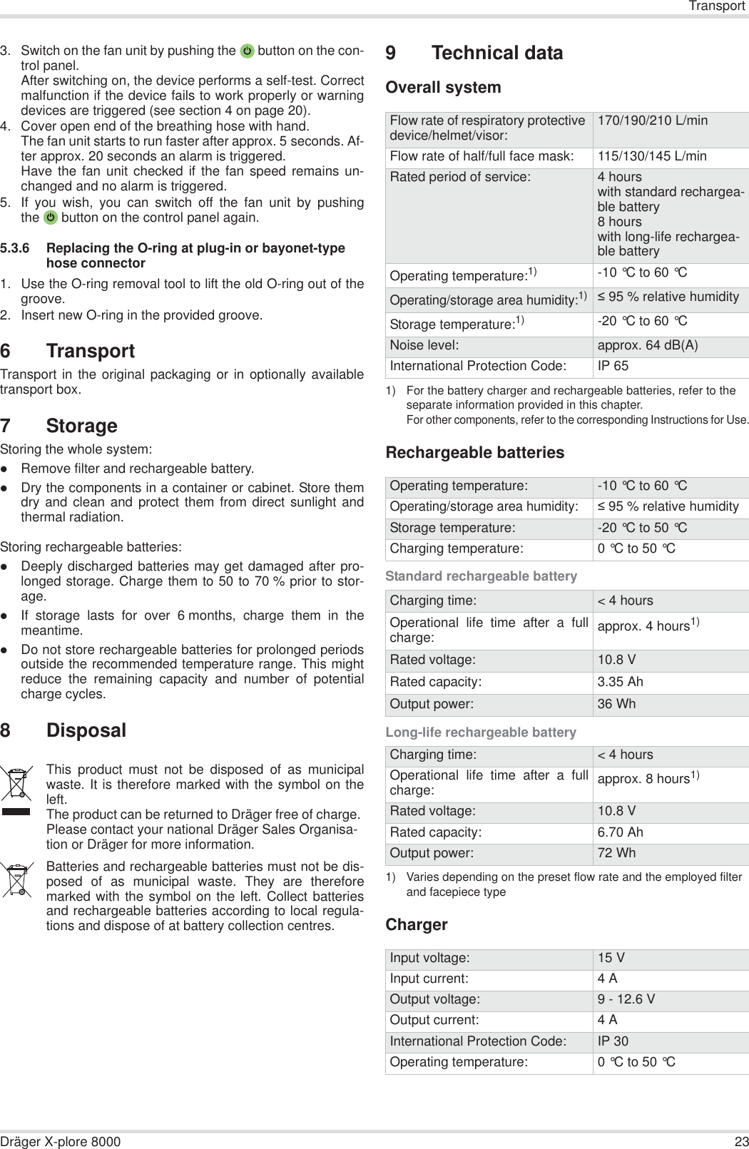 TransportDräger X-plore 8000 233. Switch on the fan unit by pushing the  button on the con-trol panel.After switching on, the device performs a self-test. Correctmalfunction if the device fails to work properly or warningdevices are triggered (see section 4 on page 20).4. Cover open end of the breathing hose with hand.The fan unit starts to run faster after approx. 5 seconds. Af-ter approx. 20 seconds an alarm is triggered.Have the fan unit checked if the fan speed remains un-changed and no alarm is triggered.5. If you wish, you can switch off the fan unit by pushingthe  button on the control panel again.5.3.6 Replacing the O-ring at plug-in or bayonet-type hose connector1. Use the O-ring removal tool to lift the old O-ring out of thegroove.2. Insert new O-ring in the provided groove.6 TransportTransport in the original packaging or in optionally availabletransport box.7 StorageStoring the whole system:zRemove filter and rechargeable battery.zDry the components in a container or cabinet. Store themdry and clean and protect them from direct sunlight andthermal radiation.Storing rechargeable batteries:zDeeply discharged batteries may get damaged after pro-longed storage. Charge them to 50 to 70 % prior to stor-age.zIf storage lasts for over 6 months, charge them in themeantime.zDo not store rechargeable batteries for prolonged periodsoutside the recommended temperature range. This mightreduce the remaining capacity and number of potentialcharge cycles.8 Disposal9 Technical dataOverall systemRechargeable batteriesStandard rechargeable batteryLong-life rechargeable batteryChargerThis product must not be disposed of as municipalwaste. It is therefore marked with the symbol on theleft.The product can be returned to Dräger free of charge. Please contact your national Dräger Sales Organisa-tion or Dräger for more information.Batteries and rechargeable batteries must not be dis-posed of as municipal waste. They are thereforemarked with the symbol on the left. Collect batteriesand rechargeable batteries according to local regula-tions and dispose of at battery collection centres.Flow rate of respiratory protective device/helmet/visor: 170/190/210 L/minFlow rate of half/full face mask: 115/130/145 L/minRated period of service: 4 hourswith standard rechargea-ble battery8 hourswith long-life rechargea-ble batteryOperating temperature:1)1) For the battery charger and rechargeable batteries, refer to the separate information provided in this chapter.For other components, refer to the corresponding Instructions for Use.-10 °C to 60 °C Operating/storage area humidity:1) 95 % relative humidityStorage temperature:1)-20 °C to 60 °C Noise level: approx. 64 dB(A)International Protection Code: IP 65Operating temperature: -10 °C to 60 °C Operating/storage area humidity: 95 % relative humidityStorage temperature: -20 °C to 50 °C Charging temperature: 0 °C to 50 °C Charging time: &lt; 4 hoursOperational life time after a fullcharge: approx. 4 hours1)Rated voltage: 10.8 VRated capacity: 3.35 AhOutput power: 36 WhCharging time: &lt; 4 hoursOperational life time after a fullcharge: approx. 8 hours1)1) Varies depending on the preset flow rate and the employed filter and facepiece typeRated voltage: 10.8 VRated capacity: 6.70 AhOutput power: 72 WhInput voltage: 15 VInput current: 4AOutput voltage: 9 - 12.6 VOutput current: 4AInternational Protection Code: IP 30Operating temperature: 0 °C to 50 °C 