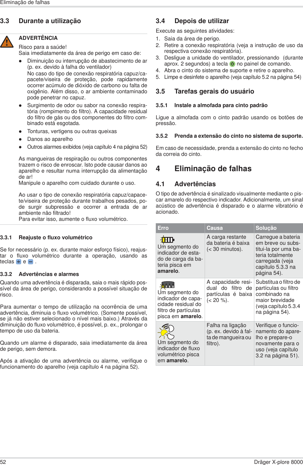 52 Dräger X-plore 8000Eliminação de falhas3.3 Durante a utilização3.3.1 Reajuste o fluxo volumétricoSe for necessário (p. ex. durante maior esforço físico), reajus-tar o fluxo volumétrico durante a operação, usando asteclas  e   .3.3.2 Advertências e alarmesQuando uma advertência é disparada, saia o mais rápido pos-sível da área de perigo, considerando a possível situação derisco.Para aumentar o tempo de utilização na ocorrência de umaadvertência, diminuia o fluxo volumétrico. (Somente possível,se já não estiver selecionado o nível mais baixo.) Através dadiminuição do fluxo volumétrico, é possível, p. ex., prolongar otempo de uso da bateria.Quando um alarme é disparado, saia imediatamente da áreade perigo, sem demora.Após a ativação de uma advertência ou alarme, verifique ofuncionamento do aparelho (veja capítulo 4 na página 52).3.4 Depois de utilizarExecute as seguintes atividades:1. Saia da área de perigo.2. Retire a conexão respiratória (veja a instrução de uso darespectiva conexão respiratória).3. Desligue a unidade do ventilador, pressionando  (duranteaprox. 2 segundos) a tecla  no painel de comando.4. Abra o cinto do sistema de suporte e retire o aparelho.5. Limpe e desinfete o aparelho (veja capítulo 5.2 na página 54)3.5 Tarefas gerais do usuário3.5.1 Instale a almofada para cinto padrãoLigue a almofada com o cinto padrão usando os botões depressão.3.5.2 Prenda a extensão do cinto no sistema de suporte.Em caso de necessidade, prenda a extensão do cinto no fechoda correia do cinto.4 Eliminação de falhas4.1 AdvertênciasO tipo de advertência é sinalizado visualmente mediante o pis-car amarelo do respectivo indicador. Adicionalmente, um sinalacústico de advertência é disparado e o alarme vibratório éacionado.ADVERTÊNCIARisco para a saúde!Saia imediatamente da área de perigo em caso de:zDiminuição ou interrupção de abastecimento de ar(p. ex. devido à falha do ventilador)No caso do tipo de conexão respiratória capuz/ca-pacete/viseira de proteção, pode rapidamenteocorrer acúmulo de dióxido de carbono ou falta deoxigênio. Além disso, o ar ambiente contaminadopode penetrar no capuz.zSurgimento de odor ou sabor na conexão respira-tória (rompimento do filtro). A capacidade residualdo filtro de gás ou dos componentes do filtro com-binado está esgotada.zTonturas, vertigens ou outras queixaszDanos ao aparelhozOutros alarmes exibidos (veja capítulo 4 na página 52)As mangueiras de respiração ou outros componentestrazem o risco de enroscar. Isto pode causar danos aoaparelho e resultar numa interrupção da alimentaçãode ar!Manipule o aparelho com cuidado durante o uso.Ao usar o tipo de conexão respiratória capuz/capace-te/viseira de proteção durante trabalhos pesados, po-de surgir subpressão e ocorrer a entrada de arambiente não filtrado! Para evitar isso, aumente o fluxo volumétrico.!Erro Causa SoluçãoUm segmento do indicador de esta-do de carga da ba-teria pisca em amarelo.A carga restante da bateria é baixa (&lt; 30 minutos).Carregue a bateria em breve ou subs-titui-la por uma ba-teria totalmente carregada (veja capítulo 5.3.3 na página 54).Um segmento do indicador de capa-cidade residual do filtro de partículas pisca em amarelo.A capacidade resi-dual do filtro departículas é baixa(&lt; 20 %).Substitua o filtro de partículas ou filtro combinado na maior brevidade (veja capítulo 5.3.4 na página 54).Um segmento do indicador de fluxo volumétrico pisca em amarelo.Falha na ligação (p. ex. devido à fal-ta de mangueira ou filtro).Verifique o funcio-namento do apare-lho e prepare-o novamente para o uso (veja capítulo 3.2 na página 51).