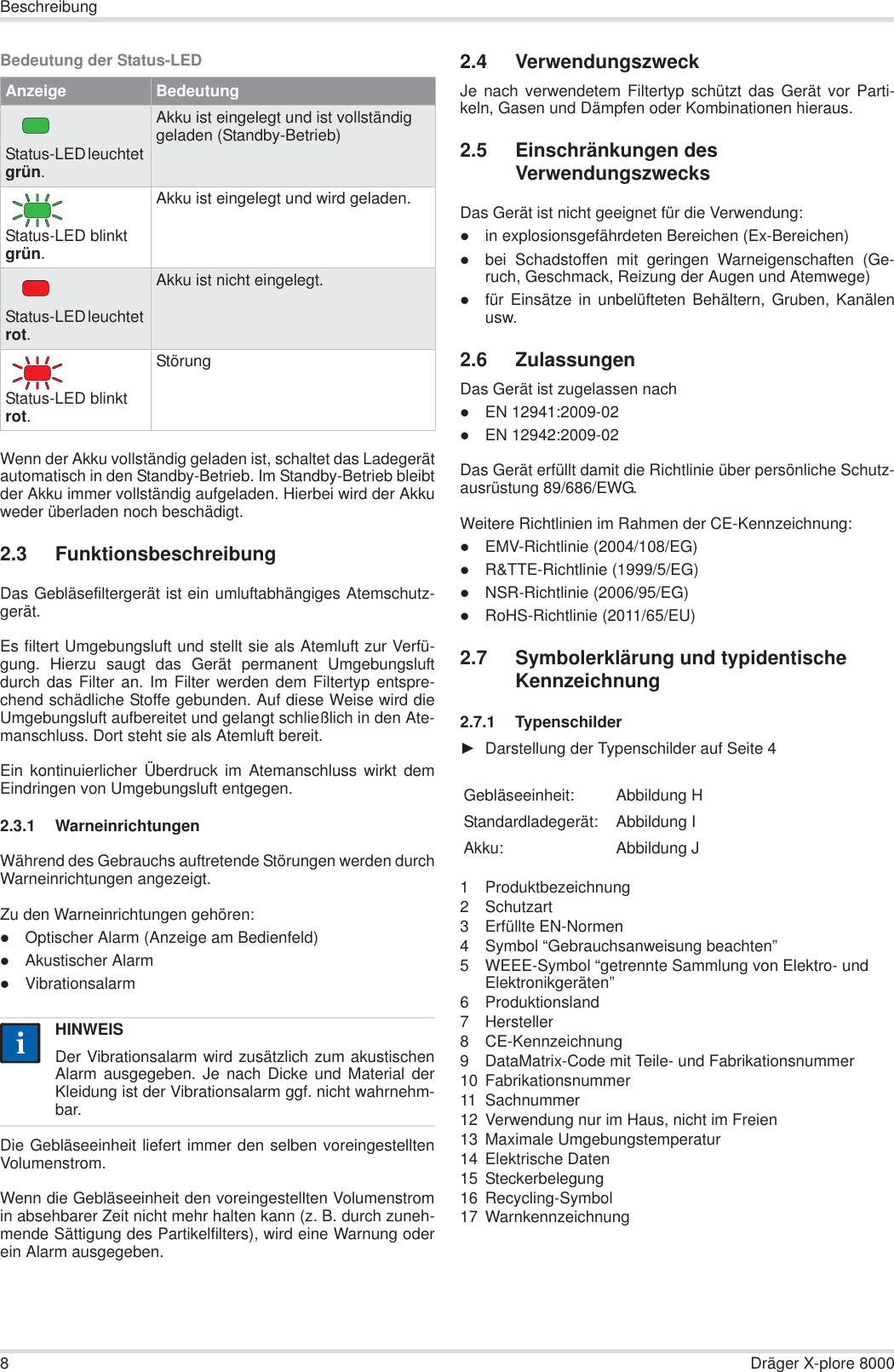 8Dräger X-plore 8000BeschreibungBedeutung der Status-LEDWenn der Akku vollständig geladen ist, schaltet das Ladegerätautomatisch in den Standby-Betrieb. Im Standby-Betrieb bleibtder Akku immer vollständig aufgeladen. Hierbei wird der Akkuweder überladen noch beschädigt.2.3 FunktionsbeschreibungDas Gebläsefiltergerät ist ein umluftabhängiges Atemschutz-gerät. Es filtert Umgebungsluft und stellt sie als Atemluft zur Verfü-gung. Hierzu saugt das Gerät permanent Umgebungsluftdurch das Filter an. Im Filter werden dem Filtertyp entspre-chend schädliche Stoffe gebunden. Auf diese Weise wird dieUmgebungsluft aufbereitet und gelangt schließlich in den Ate-manschluss. Dort steht sie als Atemluft bereit.Ein kontinuierlicher Überdruck im Atemanschluss wirkt demEindringen von Umgebungsluft entgegen.2.3.1 WarneinrichtungenWährend des Gebrauchs auftretende Störungen werden durchWarneinrichtungen angezeigt.Zu den Warneinrichtungen gehören:zOptischer Alarm (Anzeige am Bedienfeld)zAkustischer AlarmzVibrationsalarmDie Gebläseeinheit liefert immer den selben voreingestelltenVolumenstrom.Wenn die Gebläseeinheit den voreingestellten Volumenstromin absehbarer Zeit nicht mehr halten kann (z. B. durch zuneh-mende Sättigung des Partikelfilters), wird eine Warnung oderein Alarm ausgegeben.2.4 VerwendungszweckJe nach verwendetem Filtertyp schützt das Gerät vor Parti-keln, Gasen und Dämpfen oder Kombinationen hieraus.2.5 Einschränkungen des VerwendungszwecksDas Gerät ist nicht geeignet für die Verwendung:zin explosionsgefährdeten Bereichen (Ex-Bereichen)zbei Schadstoffen mit geringen Warneigenschaften (Ge-ruch, Geschmack, Reizung der Augen und Atemwege)zfür Einsätze in unbelüfteten Behältern, Gruben, Kanälenusw.2.6 ZulassungenDas Gerät ist zugelassen nachzEN 12941:2009-02zEN 12942:2009-02Das Gerät erfüllt damit die Richtlinie über persönliche Schutz-ausrüstung 89/686/EWG.Weitere Richtlinien im Rahmen der CE-Kennzeichnung:zEMV-Richtlinie (2004/108/EG)zR&amp;TTE-Richtlinie (1999/5/EG)zNSR-Richtlinie (2006/95/EG)zRoHS-Richtlinie (2011/65/EU)2.7 Symbolerklärung und typidentische Kennzeichnung2.7.1 TypenschilderŹDarstellung der Typenschilder auf Seite 41 Produktbezeichnung2 Schutzart3 Erfüllte EN-Normen4 Symbol “Gebrauchsanweisung beachten”5 WEEE-Symbol “getrennte Sammlung von Elektro- und Elektronikgeräten”6 Produktionsland7 Hersteller8 CE-Kennzeichnung9 DataMatrix-Code mit Teile- und Fabrikationsnummer10 Fabrikationsnummer11 Sachnummer12 Verwendung nur im Haus, nicht im Freien13 Maximale Umgebungstemperatur14 Elektrische Daten15 Steckerbelegung16 Recycling-Symbol17 WarnkennzeichnungAnzeige BedeutungStatus-LED leuchtet grün.Akku ist eingelegt und ist vollständig geladen (Standby-Betrieb)Status-LED blinkt grün.Akku ist eingelegt und wird geladen.Status-LED leuchtet rot.Akku ist nicht eingelegt.Status-LED blinkt rot.StörungHINWEISDer Vibrationsalarm wird zusätzlich zum akustischenAlarm ausgegeben. Je nach Dicke und Material derKleidung ist der Vibrationsalarm ggf. nicht wahrnehm-bar.iiGebläseeinheit: Abbildung HStandardladegerät: Abbildung IAkku: Abbildung J