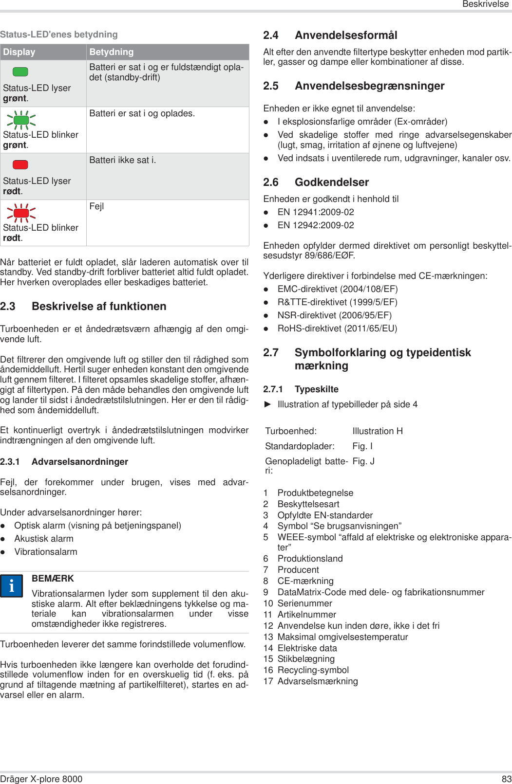 BeskrivelseDräger X-plore 8000 83Status-LED&apos;enes betydningNår batteriet er fuldt opladet, slår laderen automatisk over tilstandby. Ved standby-drift forbliver batteriet altid fuldt opladet.Her hverken overoplades eller beskadiges batteriet.2.3 Beskrivelse af funktionenTurboenheden er et åndedrætsværn afhængig af den omgi-vende luft. Det filtrerer den omgivende luft og stiller den til rådighed somåndemiddelluft. Hertil suger enheden konstant den omgivendeluft gennem filteret. I filteret opsamles skadelige stoffer, afhæn-gigt af filtertypen. På den måde behandles den omgivende luftog lander til sidst i åndedrætstilslutningen. Her er den til rådig-hed som åndemiddelluft.Et kontinuerligt overtryk i åndedrætstilslutningen modvirkerindtrængningen af den omgivende luft.2.3.1 AdvarselsanordningerFejl, der forekommer under brugen, vises med advar-selsanordninger.Under advarselsanordninger hører:zOptisk alarm (visning på betjeningspanel)zAkustisk alarmzVibrationsalarmTurboenheden leverer det samme forindstillede volumenflow.Hvis turboenheden ikke længere kan overholde det forudind-stillede volumenflow inden for en overskuelig tid (f. eks. pågrund af tiltagende mætning af partikelfilteret), startes en ad-varsel eller en alarm.2.4 AnvendelsesformålAlt efter den anvendte filtertype beskytter enheden mod partik-ler, gasser og dampe eller kombinationer af disse.2.5 AnvendelsesbegrænsningerEnheden er ikke egnet til anvendelse:zI eksplosionsfarlige områder (Ex-områder)zVed skadelige stoffer med ringe advarselsegenskaber(lugt, smag, irritation af øjnene og luftvejene)zVed indsats i uventilerede rum, udgravninger, kanaler osv.2.6 GodkendelserEnheden er godkendt i henhold tilzEN 12941:2009-02zEN 12942:2009-02Enheden opfylder dermed direktivet om personligt beskyttel-sesudstyr 89/686/EØF.Yderligere direktiver i forbindelse med CE-mærkningen:zEMC-direktivet (2004/108/EF)zR&amp;TTE-direktivet (1999/5/EF)zNSR-direktivet (2006/95/EF)zRoHS-direktivet (2011/65/EU)2.7 Symbolforklaring og typeidentisk mærkning2.7.1 TypeskilteŹIllustration af typebilleder på side 41 Produktbetegnelse2 Beskyttelsesart3 Opfyldte EN-standarder4 Symbol “Se brugsanvisningen”5 WEEE-symbol “affald af elektriske og elektroniske appara-ter”6 Produktionsland7 Producent8 CE-mærkning9 DataMatrix-Code med dele- og fabrikationsnummer10 Serienummer11 Artikelnummer12 Anvendelse kun inden døre, ikke i det fri13 Maksimal omgivelsestemperatur14 Elektriske data15 Stikbelægning16 Recycling-symbol17 AdvarselsmærkningDisplay BetydningStatus-LED lyser grønt.Batteri er sat i og er fuldstændigt opla-det (standby-drift)Status-LED blinker grønt.Batteri er sat i og oplades.Status-LED lyser rødt.Batteri ikke sat i.Status-LED blinker rødt.FejlBEMÆRKVibrationsalarmen lyder som supplement til den aku-stiske alarm. Alt efter beklædningens tykkelse og ma-teriale kan vibrationsalarmen under visseomstændigheder ikke registreres.iiTurboenhed: Illustration HStandardoplader: Fig. IGenopladeligt batte-ri: Fig. J