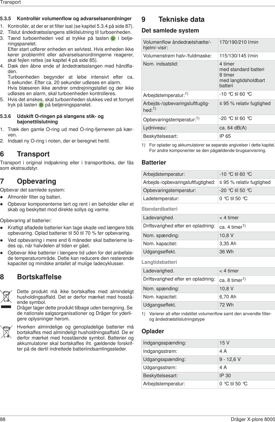 88 Dräger X-plore 8000Transport5.3.5 Kontrollér volumenflow og advarselsanordninger1. Kontrollér, at der er et filter isat (se kapitel 5.3.4 på side 87).2. Tilslut åndedrætsslangens stiktilslutning til turboenheden.3. Tænd turboenheden ved at trykke på tasten  i betje-ningspanelet.Efter start udfører enheden en selvtest. Hvis enheden ikkekører problemfrit eller advarselsanordningerne reagerer,skal fejlen rettes (se kapitel 4 på side 85).4. Dæk den åbne ende af åndedrætsslangen med håndfla-den.Turboenheden begynder at løbe intensivt efter ca.5 sekunder. Efter ca. 20 sekunder udløses en alarm.Hvis blæseren ikke ændrer omdrejningstallet og der ikkeudløses en alarm, skal turboenheden kontrolleres.5. Hvis det ønskes, skal turboenheden slukkes ved et fornyettryk på tasten  på betjeningspanelet.5.3.6 Udskift O-ringen på slangens stik- og bajonettilslutning1. Træk den gamle O-ring ud med O-ring-fjerneren på kær-ven.2. Indsæt ny O-ring i noten, der er beregnet hertil.6 TransportTransport i original indpakning eller i transportboks, der fåssom ekstraudstyr.7 OpbevaringOpbevar det samlede system:zAfmontér filter og batteri.zOpbevar komponenterne tørt og rent i en beholder eller etskab og beskyttet mod direkte sollys og varme.Opbevaring af batterier:zKraftigt afladede batterier kan tage skade ved længere tidsopbevaring. Oplad batterier til 50 til 70 % før opbevaring.zVed opbevaring i mere end 6 måneder skal batterierne la-des op, når halvdelen af tiden er gået.zOpbevar ikke batterier i længere tid uden for det anbefale-de temperaturområde. Dette kan reducere den resterendekapacitet og mindske antallet af mulige ladecyklusser.8 Bortskaffelse9 Tekniske dataDet samlede systemBatterierStandardbatteriLangtidsbatteriOpladerDette produkt må ikke bortskaffes med almindeligthusholdingsaffald. Det er derfor mærket med hosstå-ende symbol.Dräger tager dette produkt tilbage uden beregning. Se de nationale salgsorganisationer og Dräger for yderli-gere oplysninger herom.Hverken almindelige og genopladelige batterier måbortskaffes med almindeligt husholdningsaffald. De erderfor mærket med hosstående symbol. Batterier ogakkumulatorer skal bortskaffes iht. gældende forskrif-ter på de dertil indrettede batteriindsamlingssteder.Volumenflow åndedrætshætte/-hjelm/-visir: 170/190/210 l/minVolumenstrøm halv-/fuldmaske: 115/130/145 l/minNom. indsatstid: 4 timermed standard batteri8 timermed langtidsholdbart batteriArbejdstemperatur:1)1)For oplader og akkumulatorer se separate angivelser i dette kapitel.For andre komponenter se den pågældende brugsanvisning.-10 °C til 60 °C Arbejds-/opbevaringsluftfugtig-hed:1)  95 % relativ fugtighedOpbevaringstemperatur:1) -20 °C til 60 °C Lydniveau: ca. 64 dB(A)Beskyttelsesart: IP 65Arbejdstemperatur: -10 °C til 60 °C Arbejds-/opbevaringsluftfugtighed: 95 % relativ fugtighedOpbevaringstemperatur: -20 °C til 50 °C Ladetemperatur: 0 °C til 50 °C Ladevarighed. &lt; 4 timerDriftsvarighed efter en opladning: ca. 4 timer1)Nom. spænding: 10,8 VNom. kapacitet: 3,35 AhUdgangseffekt. 36 WhLadevarighed. &lt; 4 timerDriftsvarighed efter en opladning: ca. 8 timer1)1) Varierer alt efter indstillet volumenflow samt den anvendte filter- og åndedrætstilslutningstypeNom. spænding: 10,8 VNom. kapacitet: 6,70 AhUdgangseffekt. 72 WhIndgangsspænding: 15 VIndgangsstrøm: 4AUdgangsspænding: 9 - 12,6 VUdgangsstrøm: 4ABeskyttelsesart: IP 30Arbejdstemperatur: 0 °C til 50 °C 