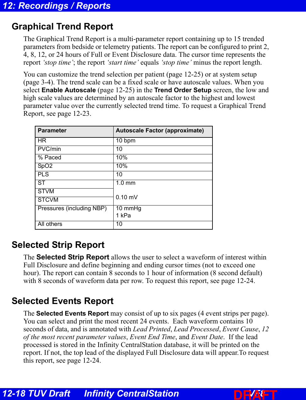12-18 TUV Draft Infinity CentralStation VF812: Recordings / ReportsGraphical Trend ReportThe Graphical Trend Report is a multi-parameter report containing up to 15 trended parameters from bedside or telemetry patients. The report can be configured to print 2, 4, 8, 12, or 24 hours of Full or Event Disclosure data. The cursor time represents the report ‘stop time’; the report ‘start time’ equals ‘stop time’ minus the report length. You can customize the trend selection per patient (page 12-25) or at system setup (page 3-4). The trend scale can be a fixed scale or have autoscale values. When you select Enable Autoscale (page 12-25) in the Trend Order Setup screen, the low and high scale values are determined by an autoscale factor to the highest and lowest parameter value over the currently selected trend time. To request a Graphical Trend Report, see page 12-23.Selected Strip ReportThe Selected Strip Report allows the user to select a waveform of interest within Full Disclosure and define beginning and ending cursor times (not to exceed one hour). The report can contain 8 seconds to 1 hour of information (8 second default) with 8 seconds of waveform data per row. To request this report, see page 12-24. Selected Events ReportThe Selected Events Report may consist of up to six pages (4 event strips per page). You can select and print the most recent 24 events.  Each waveform contains 10 seconds of data, and is annotated with Lead Printed, Lead Processed, Event Cause, 12 of the most recent parameter values, Event End Time, and Event Date.  If the lead processed is stored in the Infinity CentralStation database, it will be printed on the report. If not, the top lead of the displayed Full Disclosure data will appear.To request this report, see page 12-24.Parameter Autoscale Factor (approximate)HR 10 bpmPVC/min 10% Paced 10%SpO2 10%PLS 10ST 1.0 mm0.10 mVSTVMSTCVMPressures (including NBP) 10 mmHg1 kPaAll others 10DRAFT