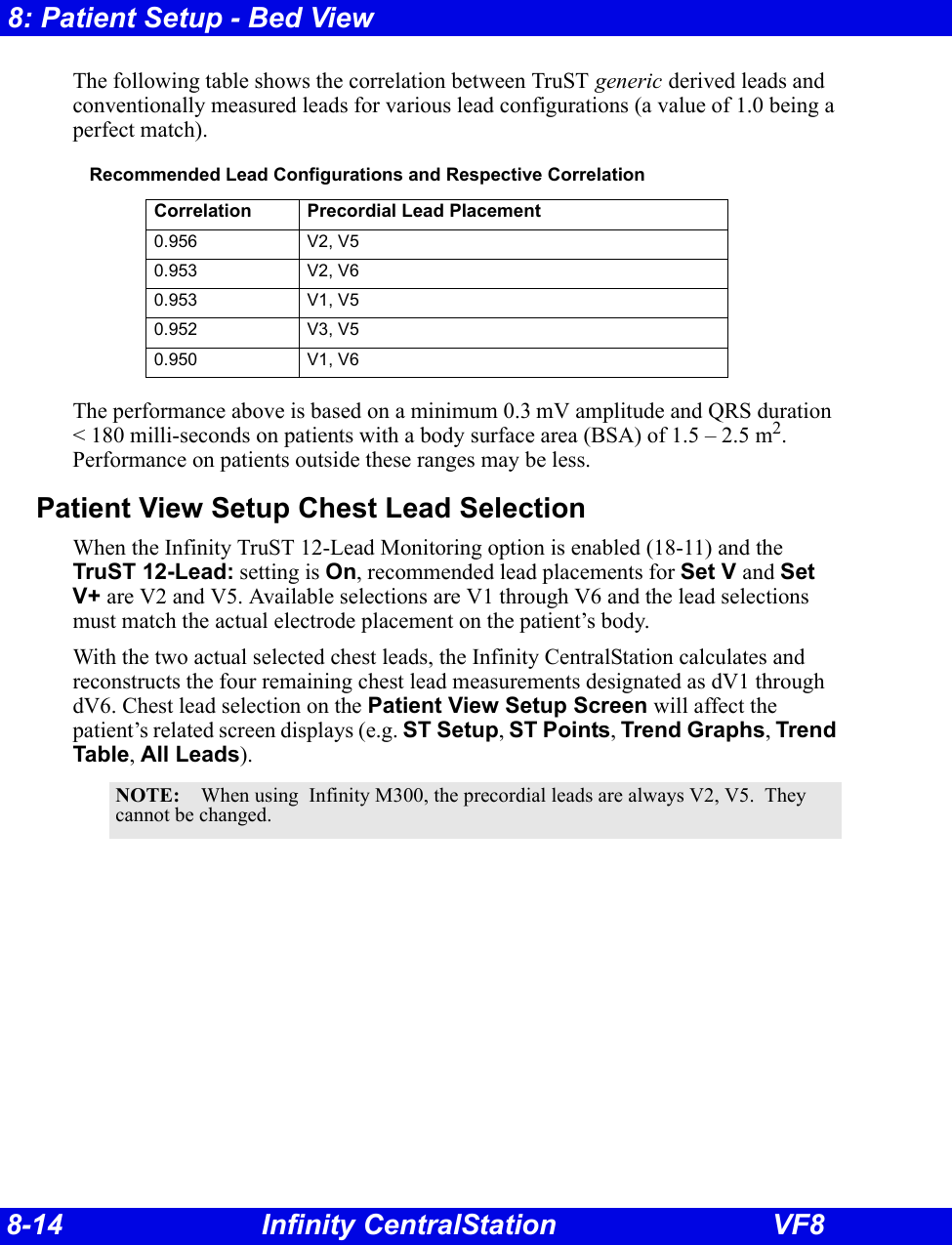 8-14 Infinity CentralStation VF88: Patient Setup - Bed ViewThe following table shows the correlation between TruST generic derived leads and conventionally measured leads for various lead configurations (a value of 1.0 being a perfect match).The performance above is based on a minimum 0.3 mV amplitude and QRS duration &lt; 180 milli-seconds on patients with a body surface area (BSA) of 1.5 – 2.5 m2. Performance on patients outside these ranges may be less.Patient View Setup Chest Lead SelectionWhen the Infinity TruST 12-Lead Monitoring option is enabled (18-11) and the TruST 12-Lead: setting is On, recommended lead placements for Set V and Set V+ are V2 and V5. Available selections are V1 through V6 and the lead selections must match the actual electrode placement on the patient’s body. With the two actual selected chest leads, the Infinity CentralStation calculates and reconstructs the four remaining chest lead measurements designated as dV1 through dV6. Chest lead selection on the Patient View Setup Screen will affect the patient’s related screen displays (e.g. ST Setup, ST Points, Trend Graphs, Trend Table, All Leads).Recommended Lead Configurations and Respective CorrelationCorrelation Precordial Lead Placement0.956 V2, V50.953 V2, V60.953 V1, V50.952 V3, V50.950 V1, V6NOTE: When using  Infinity M300, the precordial leads are always V2, V5.  They cannot be changed.