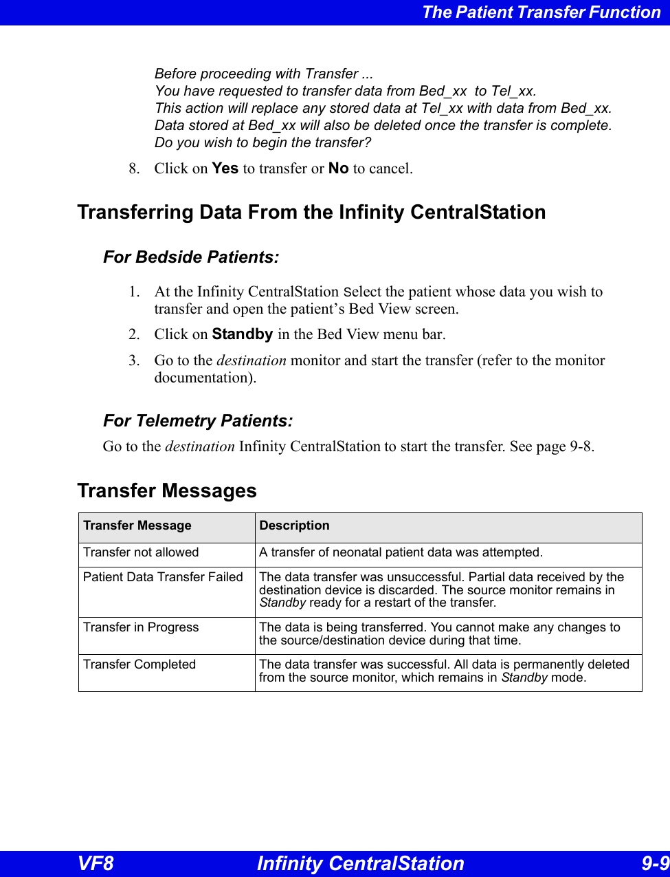 The Patient Transfer Function VF8 Infinity CentralStation 9-9 Before proceeding with Transfer ...You have requested to transfer data from Bed_xx  to Tel_xx.This action will replace any stored data at Tel_xx with data from Bed_xx.Data stored at Bed_xx will also be deleted once the transfer is complete.Do you wish to begin the transfer?8. Click on Yes to transfer or No to cancel. Transferring Data From the Infinity CentralStationFor Bedside Patients:1. At the Infinity CentralStation Select the patient whose data you wish to transfer and open the patient’s Bed View screen.2. Click on Standby in the Bed View menu bar.3. Go to the destination monitor and start the transfer (refer to the monitor documentation).For Telemetry Patients:Go to the destination Infinity CentralStation to start the transfer. See page 9-8.Transfer MessagesTransfer Message DescriptionTransfer not allowed A transfer of neonatal patient data was attempted.Patient Data Transfer Failed The data transfer was unsuccessful. Partial data received by the destination device is discarded. The source monitor remains in Standby ready for a restart of the transfer.Transfer in Progress The data is being transferred. You cannot make any changes to the source/destination device during that time.Transfer Completed The data transfer was successful. All data is permanently deleted from the source monitor, which remains in Standby mode.