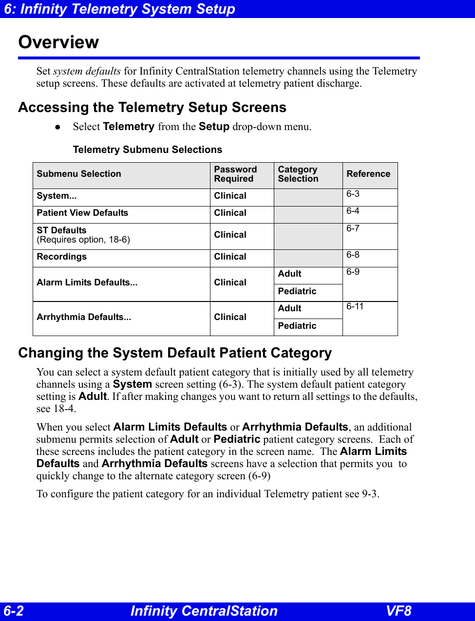 6-2 Infinity CentralStation VF86: Infinity Telemetry System SetupOverview Set system defaults for Infinity CentralStation telemetry channels using the Telemetry setup screens. These defaults are activated at telemetry patient discharge.Accessing the Telemetry Setup ScreenszSelect Telemetry from the Setup drop-down menu.Changing the System Default Patient CategoryYou can select a system default patient category that is initially used by all telemetry channels using a System screen setting (6-3). The system default patient category setting is Adult. If after making changes you want to return all settings to the defaults, see 18-4.When you select Alarm Limits Defaults or Arrhythmia Defaults, an additional submenu permits selection of Adult or Pediatric patient category screens.  Each of these screens includes the patient category in the screen name.  The Alarm Limits Defaults and Arrhythmia Defaults screens have a selection that permits you  to quickly change to the alternate category screen (6-9)To configure the patient category for an individual Telemetry patient see 9-3.Telemetry Submenu SelectionsSubmenu Selection PasswordRequiredCategory Selection ReferenceSystem... Clinical 6-3Patient View Defaults Clinical 6-4ST Defaults (Requires option, 18-6) Clinical 6-7Recordings Clinical 6-8Alarm Limits Defaults... Clinical Adult 6-9PediatricArrhythmia Defaults... ClinicalAdult 6-11Pediatric