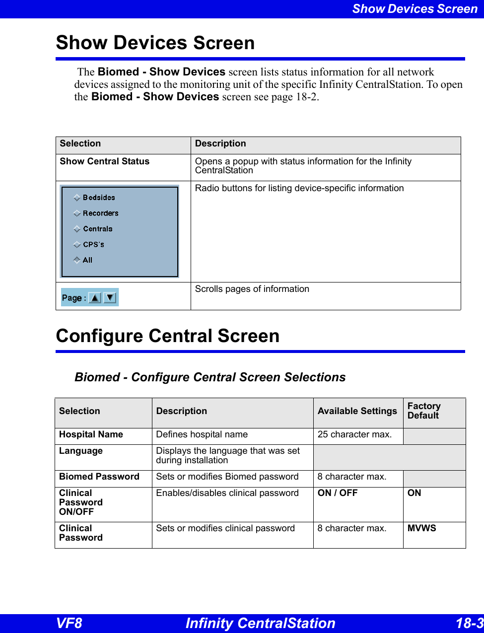 Show Devices Screen VF8 Infinity CentralStation 18-3 Show Devices Screen The Biomed - Show Devices screen lists status information for all network devices assigned to the monitoring unit of the specific Infinity CentralStation. To open the Biomed - Show Devices screen see page 18-2. Configure Central ScreenBiomed - Configure Central Screen SelectionsSelection DescriptionShow Central Status  Opens a popup with status information for the Infinity CentralStation Radio buttons for listing device-specific informationScrolls pages of informationSelection Description Available Settings Factory DefaultHospital Name Defines hospital name 25 character max.Language Displays the language that was set during installationBiomed Password Sets or modifies Biomed password 8 character max.Clinical Password ON/OFF Enables/disables clinical password ON / OFF ONClinical PasswordSets or modifies clinical password 8 character max. MVWS