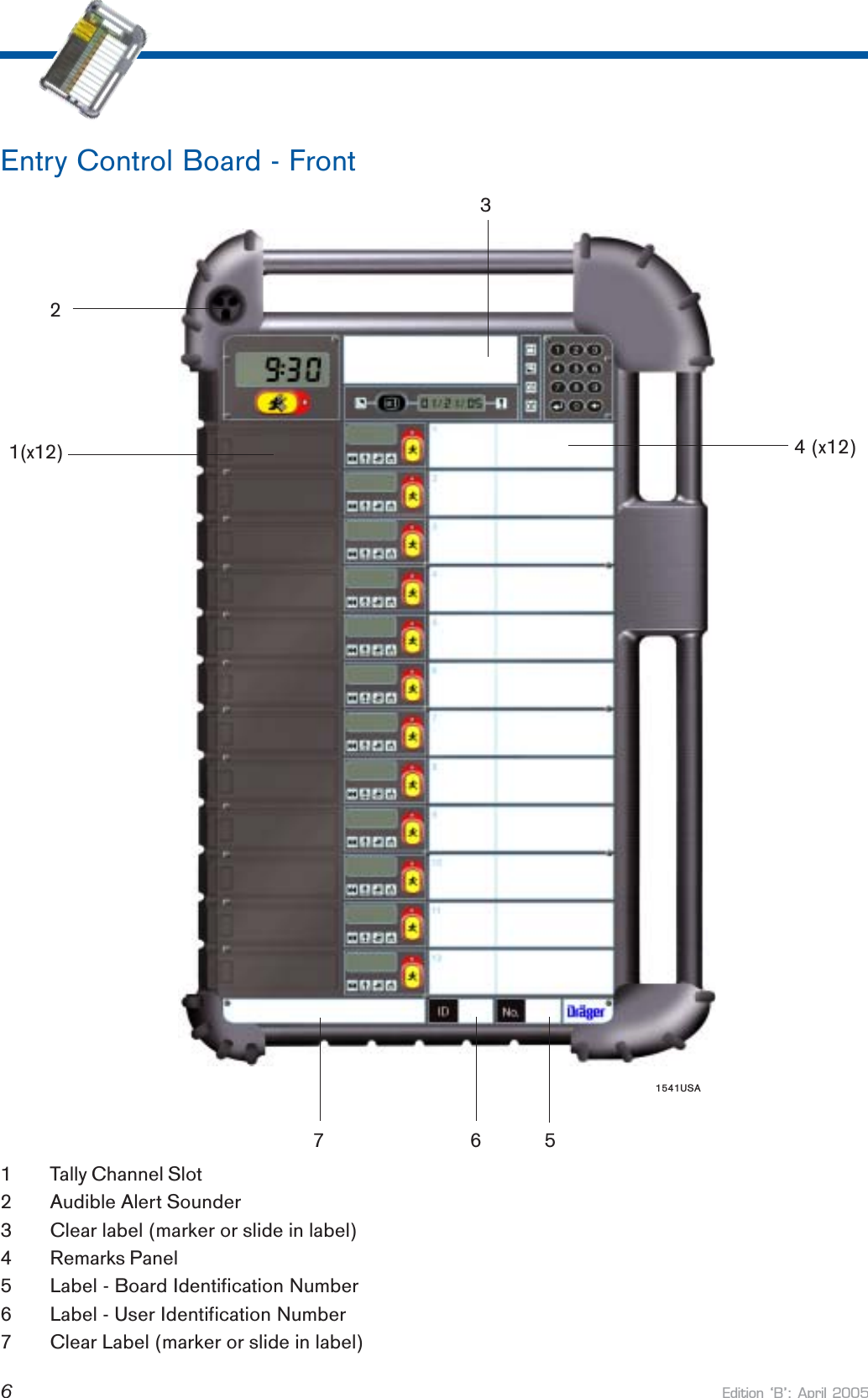 Edition B: April 200561 Tally Channel Slot2 Audible Alert Sounder3 Clear label (marker or slide in label)4 Remarks Panel5 Label - Board Identification Number6 Label - User Identification Number7 Clear Label (marker or slide in label)Entry Control Board - Front1(x12)234 (x12)6571541USA