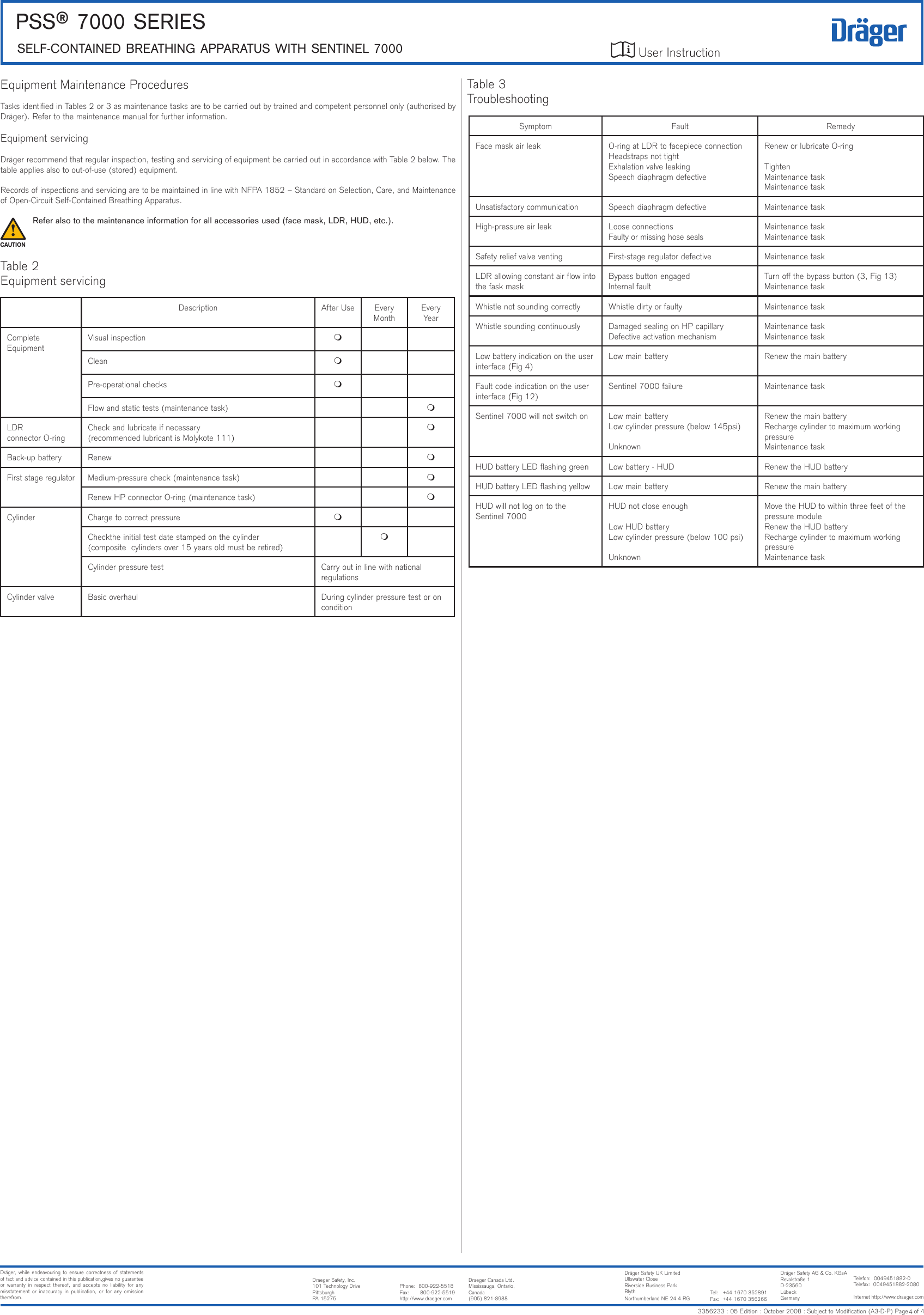 User Instruction PSS® 7000 SerieSSeLF-CONTAiNeD BreATHiNG APPArATUS wiTH SeNTiNeL 70003356233 : 05 Edition : October 2008 : Subject to Modication (A3-D-P) Page   of 4iEquipment Maintenance ProceduresTasks identied in Tables 2 or 3 as maintenance tasks are to be carried out by trained and competent personnel only (authorised by Dräger). Refer to the maintenance manual for further information.Equipment servicingDräger recommend that regular inspection, testing and servicing of equipment be carried out in accordance with Table 2 below. The table applies also to out-of-use (stored) equipment.Records of inspections and servicing are to be maintained in line with NFPA 1852 – Standard on Selection, Care, and Maintenance of Open-Circuit Self-Contained Breathing Apparatus.Refer also to the maintenance information for all accessories used (face mask, LDR, HUD, etc.).Dräger,  while  endeavouring  to  ensure  correctness  of  statements of fact and advice contained in this publication,gives no guarantee or  warranty  in  respect  thereof,  and  accepts  no  liability  for  any misstatement  or  inaccuracy  in  publication,  or  for  any  omission therefrom.Dräger Safety UK LimitedUllswater CloseRiverside Business ParkBlythNorthumberland NE 24 4 RGDräger Safety AG &amp; Co. KGaARevalstraße 1D-23560LübeckGermanyTelefon:  0049451882-0Telefax:  0049451882-2080Internet http://www.draeger.comTel:   +44 1670 352891Fax:  +44 1670 356266Draeger Canada Ltd.Mississauga, Ontario,Canada(905) 821-8988Draeger Safety, Inc.101 Technology Drive PittsburghPA 15275   Phone:  800-922-5518 Fax:       800-922-5519http://www.draeger.com Table 2Equipment servicingDescription After Use Every MonthEvery YearCompleteEquipmentVisual inspection mClean mPre-operational checks mFlow and static tests (maintenance task) mLDR connector O-ringCheck and lubricate if necessary (recommended lubricant is Molykote 111)mBack-up battery Renew mFirst stage regulator Medium-pressure check (maintenance task) mRenew HP connector O-ring (maintenance task) mCylinder Charge to correct pressure mCheckthe initial test date stamped on the cylinder (composite  cylinders over 15 years old must be retired)mCylinder pressure test Carry out in line with national regulationsCylinder valve Basic overhaul During cylinder pressure test or on conditionSymptom Fault RemedyFace mask air leak O-ring at LDR to facepiece connectionHeadstraps not tightExhalation valve leakingSpeech diaphragm defectiveRenew or lubricate O-ringTightenMaintenance taskMaintenance taskUnsatisfactory communication Speech diaphragm defective Maintenance taskHigh-pressure air leak Loose connectionsFaulty or missing hose sealsMaintenance taskMaintenance taskSafety relief valve venting First-stage regulator defective Maintenance taskLDR allowing constant air ow into the fask maskBypass button engagedInternal faultTurn o the bypass button (3, Fig 13)Maintenance taskWhistle not sounding correctly Whistle dirty or faulty Maintenance taskWhistle sounding continuously Damaged sealing on HP capillaryDefective activation mechanismMaintenance taskMaintenance taskLow battery indication on the user interface (Fig 4)Low main battery Renew the main batteryFault code indication on the user interface (Fig 12)Sentinel 7000 failure Maintenance taskSentinel 7000 will not switch on Low main batteryLow cylinder pressure (below 145psi)UnknownRenew the main batteryRecharge cylinder to maximum working pressureMaintenance taskHUD battery LED ashing green Low battery - HUD Renew the HUD batteryHUD battery LED ashing yellow Low main battery Renew the main batteryHUD will not log on to the Sentinel 7000HUD not close enoughLow HUD batteryLow cylinder pressure (below 100 psi)UnknownMove the HUD to within three feet of the pressure moduleRenew the HUD batteryRecharge cylinder to maximum working pressureMaintenance task4!Table 3Troubleshooting