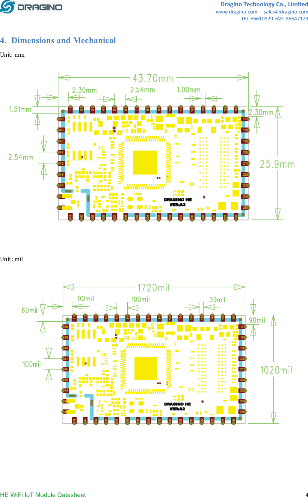 H4HE WiFi IoT 4. DimenǣǣModule Datansions andasheet d MechanicalDraginwww.dragnoTechnologgino.comsaleTEL:8661082gyCo.,Limitees@dragino.co9FAX:8664712edm234