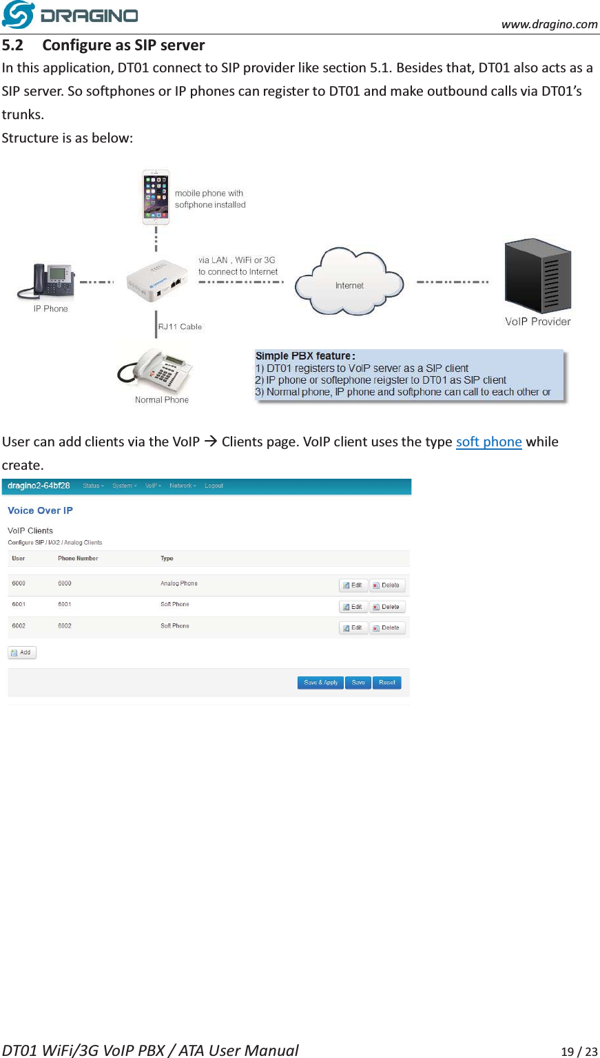    www.dragino.com DT01 WiFi/3G VoIP PBX / ATA User Manual     19 / 23 5.2 Configure as SIP server   In this application, DT01 connect to SIP provider like section 5.1. Besides that, DT01 also acts as a SIP server. So softphones or IP phones can register to DT01 and make outbound calls via DT01&rsquo;s trunks.  Structure is as below:  User can add clients via the VoIP &AElig; Clients page. VoIP client uses the type soft phone while create.      