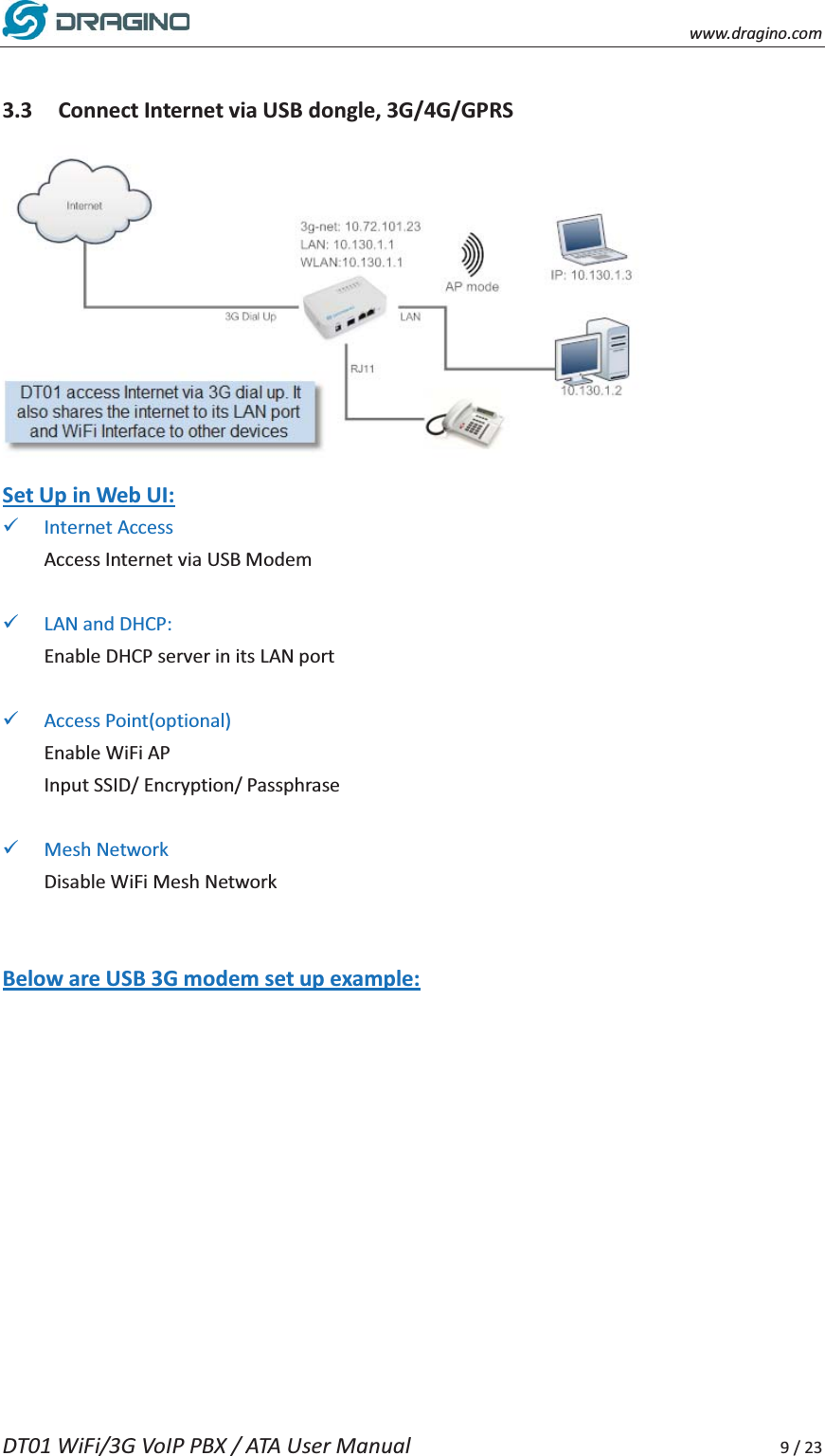    www.dragino.com DT01 WiFi/3G VoIP PBX / ATA User Manual     9 / 23  3.3 Connect Internet via USB dongle, 3G/4G/GPRS  Set Up in Web UI: 9 Internet Access Access Internet via USB Modem  9 LAN and DHCP: Enable DHCP server in its LAN port  9 Access Point(optional) Enable WiFi AP Input SSID/ Encryption/ Passphrase  9 Mesh Network Disable WiFi Mesh Network   Below are USB 3G modem set up example:    