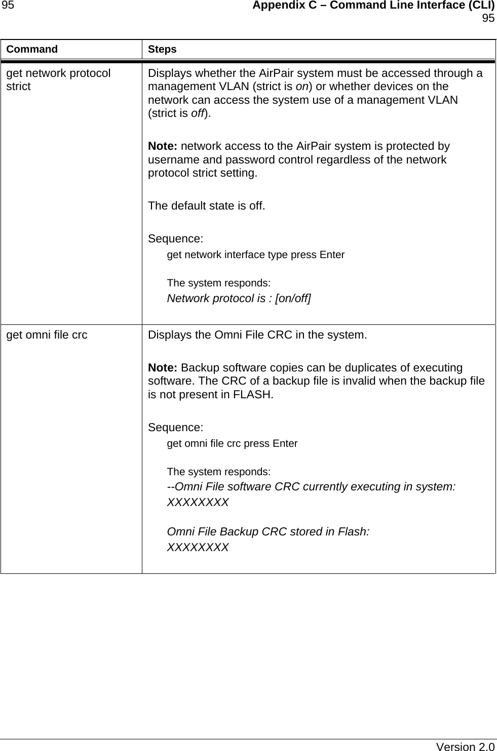 95    Appendix C – Command Line Interface (CLI)    95   Command Steps get network protocol strict   Displays whether the AirPair system must be accessed through a management VLAN (strict is on) or whether devices on the network can access the system use of a management VLAN (strict is off).    Note: network access to the AirPair system is protected by username and password control regardless of the network protocol strict setting.  The default state is off.  Sequence: get network interface type press Enter  The system responds: Network protocol is : [on/off]  get omni file crc  Displays the Omni File CRC in the system.   Note: Backup software copies can be duplicates of executing software. The CRC of a backup file is invalid when the backup file is not present in FLASH.  Sequence: get omni file crc press Enter  The system responds: --Omni File software CRC currently executing in system: XXXXXXXX  Omni File Backup CRC stored in Flash: XXXXXXXX    Version 2.0 