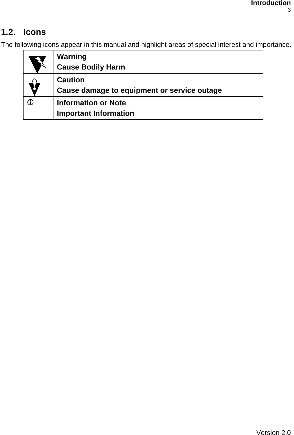   Introduction    3 1.2. Icons The following icons appear in this manual and highlight areas of special interest and importance.  Warning Cause Bodily Harm  Caution Cause damage to equipment or service outage L  Information or Note Important Information     Version 2.0   