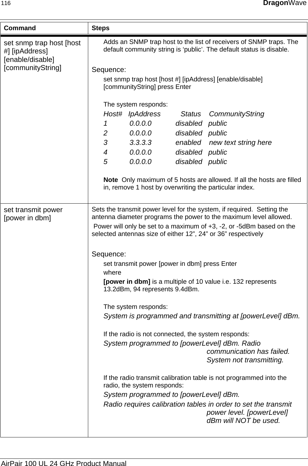 116  DragonWave  Command Steps set snmp trap host [host #] [ipAddress] [enable/disable] [communityString] Adds an SNMP trap host to the list of receivers of SNMP traps. The default community string is ‘public’. The default status is disable.  Sequence: set snmp trap host [host #] [ipAddress] [enable/disable] [communityString] press Enter  The system responds: Host#   IpAddress          Status    CommunityString 1           0.0.0.0            disabled   public 2           0.0.0.0            disabled   public 3           3.3.3.3            enabled    new text string here 4           0.0.0.0            disabled   public 5           0.0.0.0            disabled   public  Note  Only maximum of 5 hosts are allowed. If all the hosts are filled in, remove 1 host by overwriting the particular index.  set transmit power [power in dbm] Sets the transmit power level for the system, if required.  Setting the antenna diameter programs the power to the maximum level allowed.  Power will only be set to a maximum of +3, -2, or -5dBm based on the selected antennas size of either 12”, 24” or 36” respectively  Sequence: set transmit power [power in dbm] press Enter where [power in dbm] is a multiple of 10 value i.e. 132 represents 13.2dBm, 94 represents 9.4dBm.  The system responds: System is programmed and transmitting at [powerLevel] dBm.  If the radio is not connected, the system responds: System programmed to [powerLevel] dBm. Radio communication has failed. System not transmitting.  If the radio transmit calibration table is not programmed into the radio, the system responds: System programmed to [powerLevel] dBm. Radio requires calibration tables in order to set the transmit power level. [powerLevel] dBm will NOT be used.  AirPair 100 UL 24 GHz Product Manual 