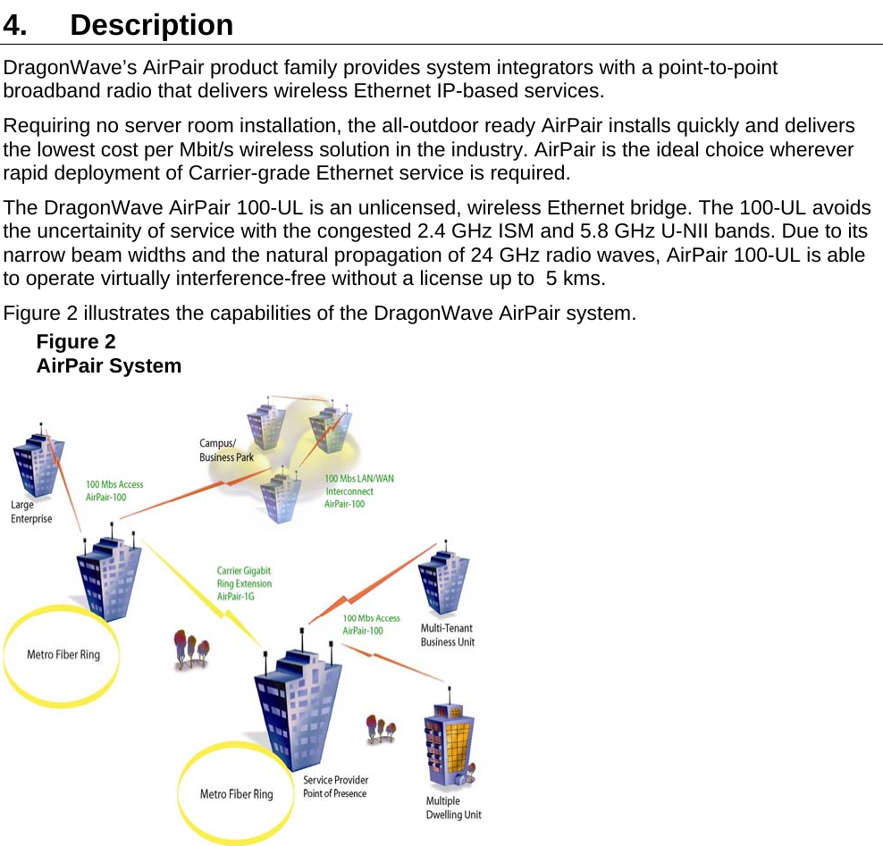  4. Description DragonWave’s AirPair product family provides system integrators with a point-to-point broadband radio that delivers wireless Ethernet IP-based services. Requiring no server room installation, the all-outdoor ready AirPair installs quickly and delivers the lowest cost per Mbit/s wireless solution in the industry. AirPair is the ideal choice wherever rapid deployment of Carrier-grade Ethernet service is required. The DragonWave AirPair 100-UL is an unlicensed, wireless Ethernet bridge. The 100-UL avoids the uncertainity of service with the congested 2.4 GHz ISM and 5.8 GHz U-NII bands. Due to its narrow beam widths and the natural propagation of 24 GHz radio waves, AirPair 100-UL is able to operate virtually interference-free without a license up to  5 kms.  Figure 2 illustrates the capabilities of the DragonWave AirPair system. Figure 2  AirPair System   