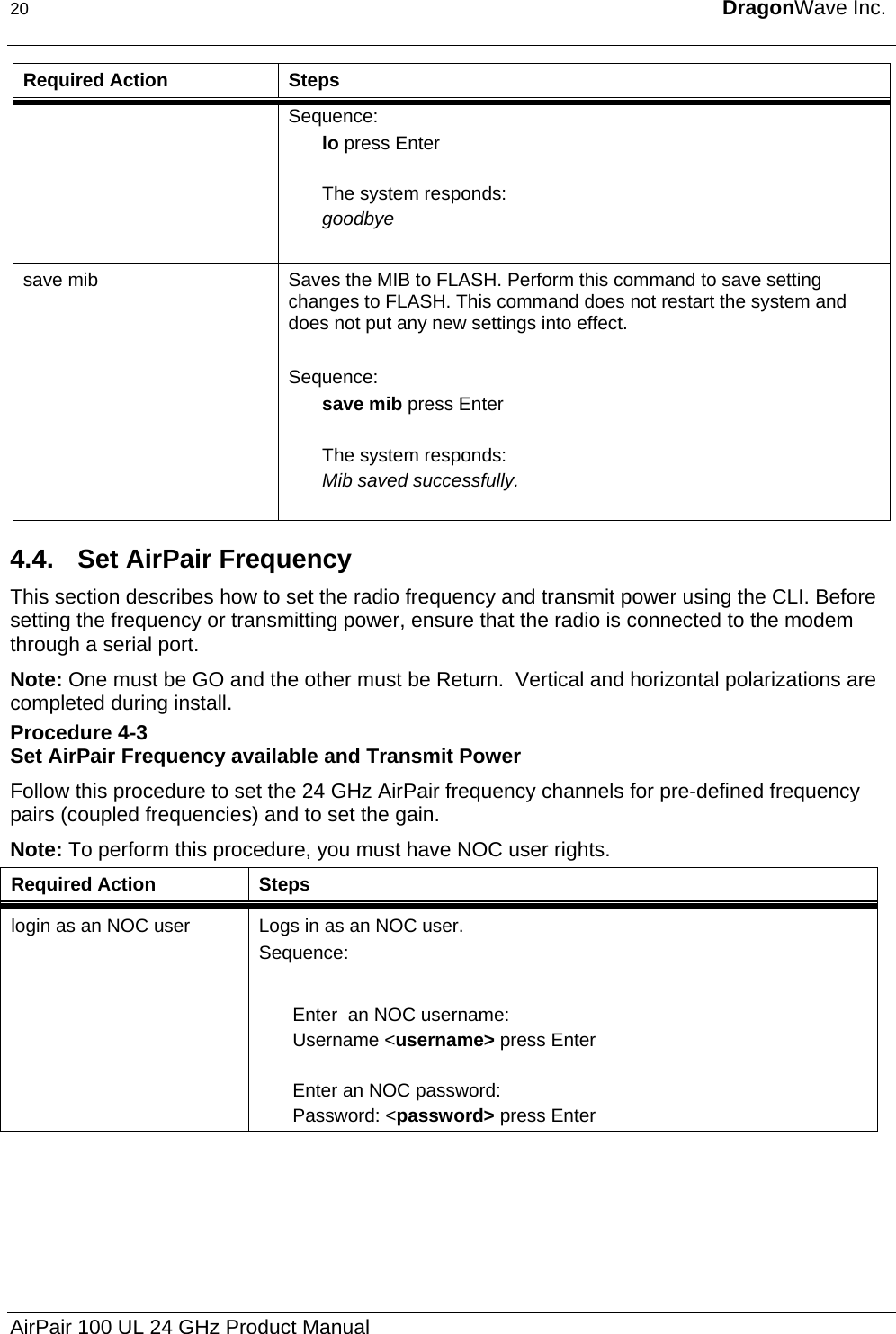 20  DragonWave Inc.  Required Action  Steps Sequence: lo press Enter  The system responds: goodbye  save mib  Saves the MIB to FLASH. Perform this command to save setting changes to FLASH. This command does not restart the system and does not put any new settings into effect.  Sequence: save mib press Enter  The system responds: Mib saved successfully.  4.4.  Set AirPair Frequency This section describes how to set the radio frequency and transmit power using the CLI. Before setting the frequency or transmitting power, ensure that the radio is connected to the modem through a serial port. Note: One must be GO and the other must be Return.  Vertical and horizontal polarizations are completed during install.  Procedure 4-3 Set AirPair Frequency available and Transmit Power Follow this procedure to set the 24 GHz AirPair frequency channels for pre-defined frequency pairs (coupled frequencies) and to set the gain. Note: To perform this procedure, you must have NOC user rights.  Required Action  Steps login as an NOC user  Logs in as an NOC user. Sequence:  Enter  an NOC username: Username &lt;username&gt; press Enter  Enter an NOC password: Password: &lt;password&gt; press Enter AirPair 100 UL 24 GHz Product Manual 