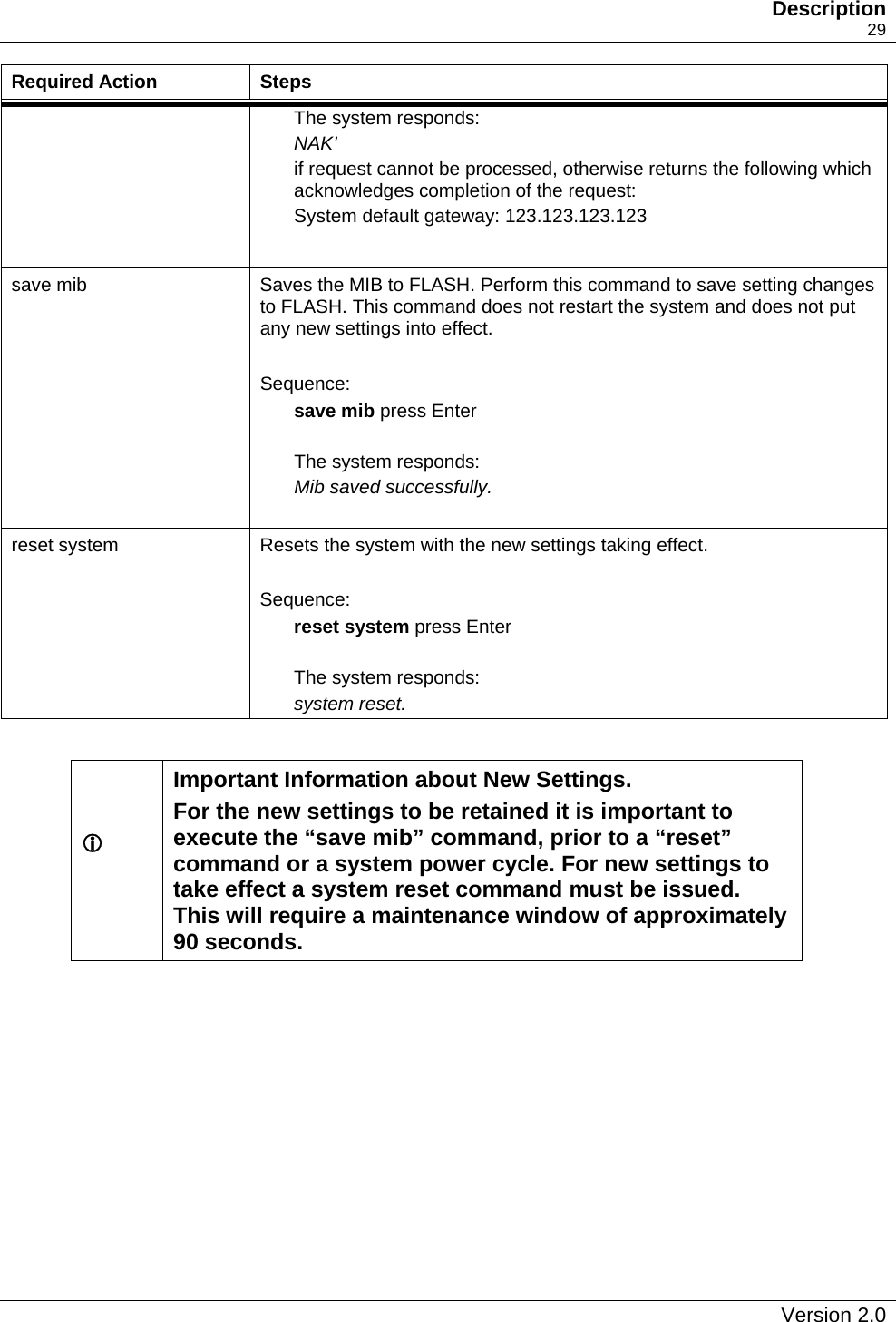   Description    29 Required Action  Steps The system responds: NAK’ if request cannot be processed, otherwise returns the following which acknowledges completion of the request: System default gateway: 123.123.123.123  save mib  Saves the MIB to FLASH. Perform this command to save setting changes to FLASH. This command does not restart the system and does not put any new settings into effect.  Sequence: save mib press Enter  The system responds: Mib saved successfully.  reset system  Resets the system with the new settings taking effect.  Sequence: reset system press Enter  The system responds: system reset.  L  Important Information about New Settings. For the new settings to be retained it is important to execute the “save mib” command, prior to a “reset” command or a system power cycle. For new settings to take effect a system reset command must be issued.  This will require a maintenance window of approximately 90 seconds.    Version 2.0   