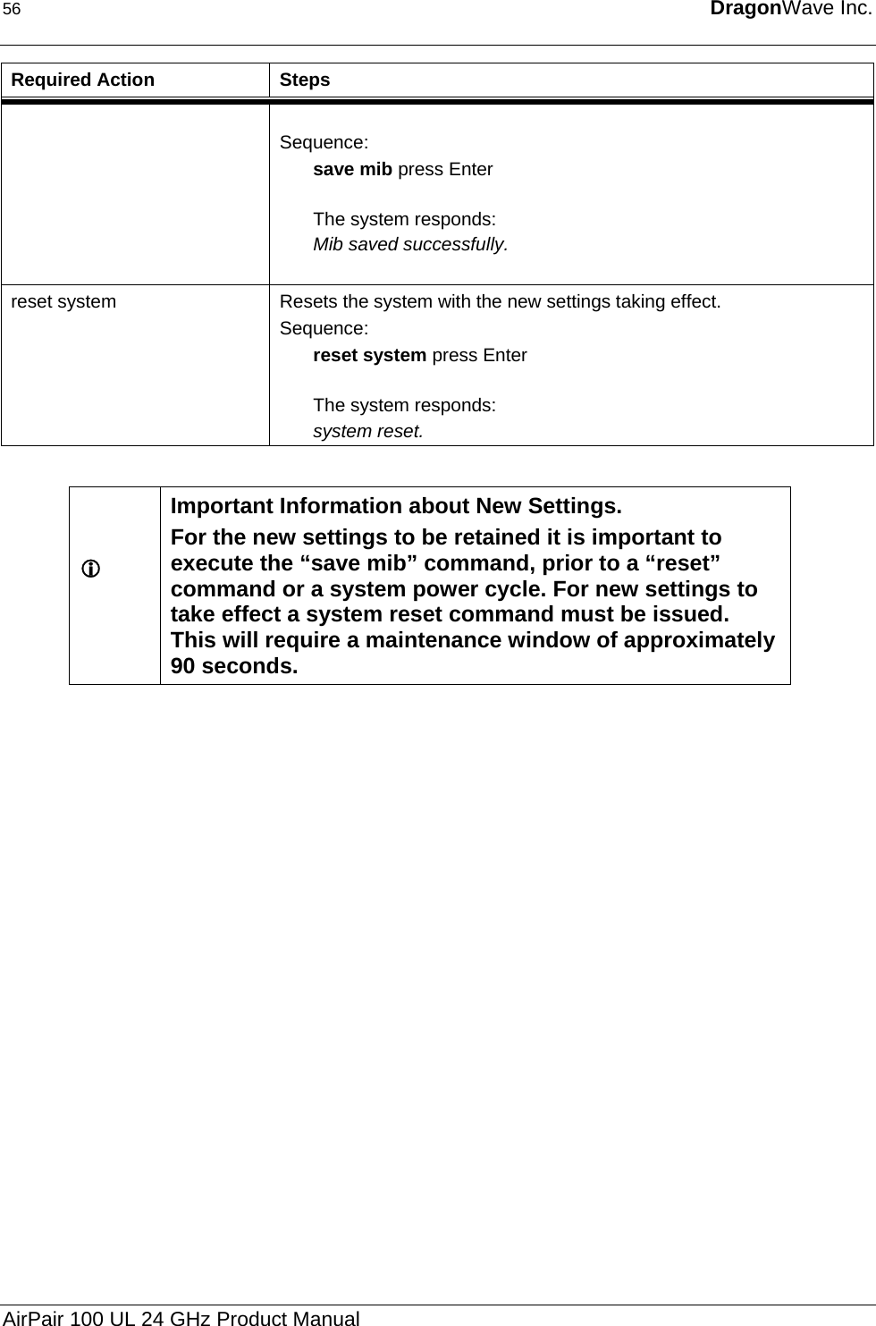 56  DragonWave Inc.  Required Action  Steps  Sequence: save mib press Enter  The system responds: Mib saved successfully.  reset system  Resets the system with the new settings taking effect. Sequence: reset system press Enter  The system responds: system reset.  L  Important Information about New Settings. For the new settings to be retained it is important to execute the “save mib” command, prior to a “reset” command or a system power cycle. For new settings to take effect a system reset command must be issued.  This will require a maintenance window of approximately 90 seconds.   AirPair 100 UL 24 GHz Product Manual 