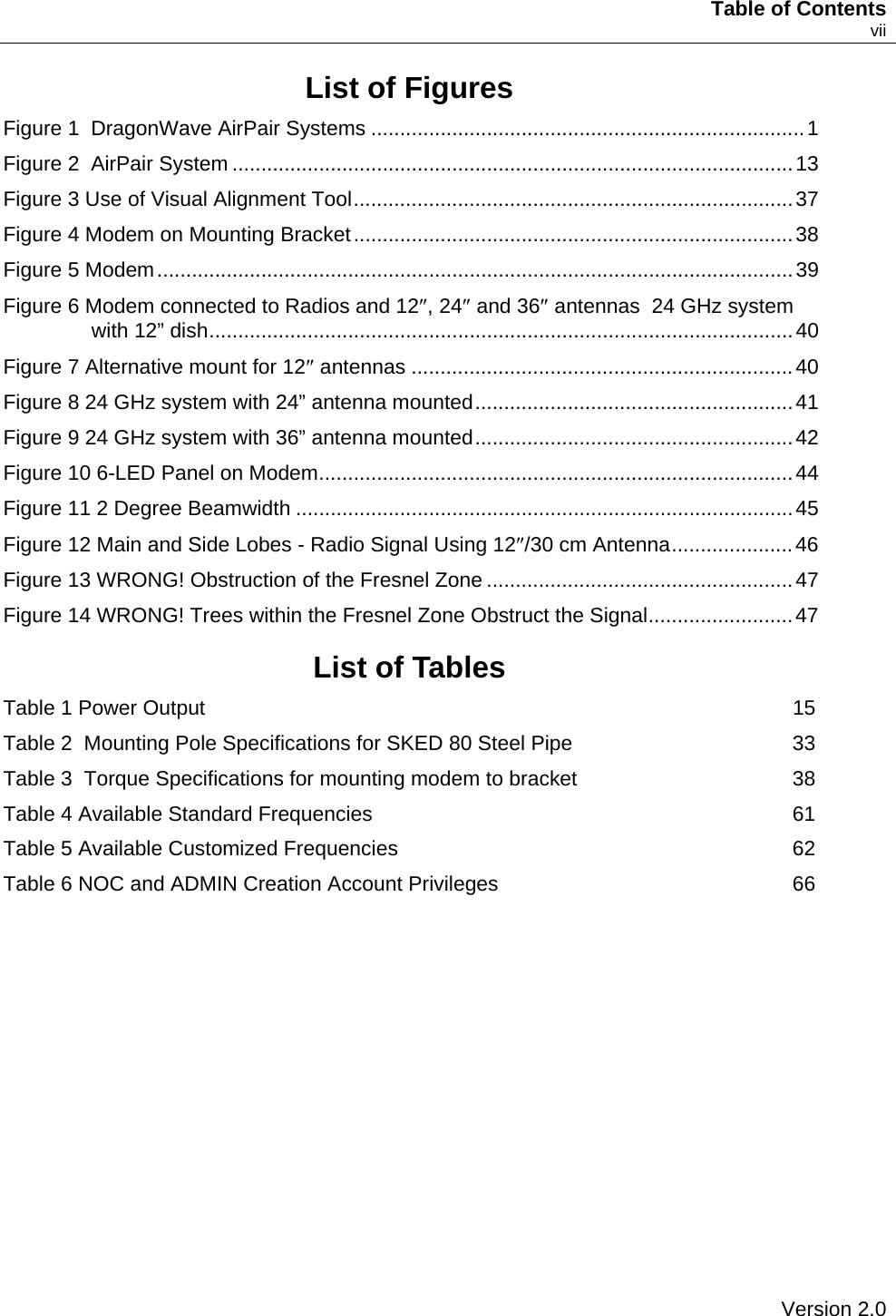     Table of Contents    vii List of Figures Figure 1  DragonWave AirPair Systems ...........................................................................1 Figure 2  AirPair System .................................................................................................13 Figure 3 Use of Visual Alignment Tool............................................................................37 Figure 4 Modem on Mounting Bracket............................................................................38 Figure 5 Modem..............................................................................................................39 Figure 6 Modem connected to Radios and 12″, 24″ and 36″ antennas  24 GHz system with 12” dish.....................................................................................................40 Figure 7 Alternative mount for 12″ antennas ..................................................................40 Figure 8 24 GHz system with 24” antenna mounted.......................................................41 Figure 9 24 GHz system with 36” antenna mounted.......................................................42 Figure 10 6-LED Panel on Modem..................................................................................44 Figure 11 2 Degree Beamwidth ......................................................................................45 Figure 12 Main and Side Lobes - Radio Signal Using 12″/30 cm Antenna.....................46 Figure 13 WRONG! Obstruction of the Fresnel Zone .....................................................47 Figure 14 WRONG! Trees within the Fresnel Zone Obstruct the Signal.........................47 List of Tables Table 1 Power Output  15 Table 2  Mounting Pole Specifications for SKED 80 Steel Pipe  33 Table 3  Torque Specifications for mounting modem to bracket  38 Table 4 Available Standard Frequencies  61 Table 5 Available Customized Frequencies  62 Table 6 NOC and ADMIN Creation Account Privileges  66   Version 2.0   