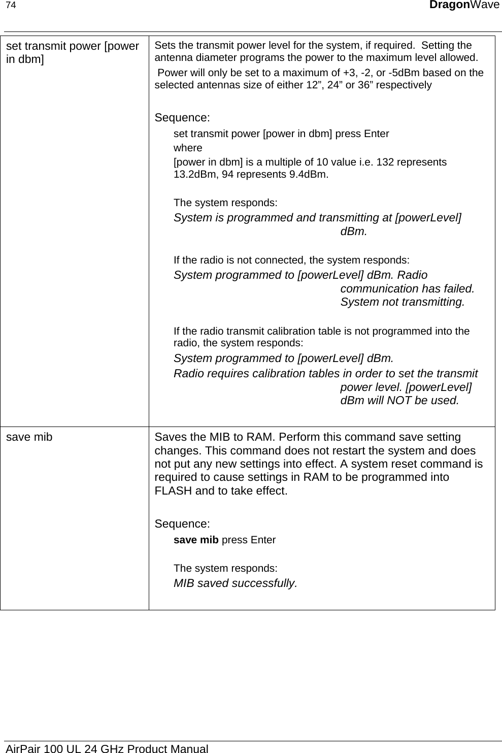 74  DragonWave  set transmit power [power in dbm] Sets the transmit power level for the system, if required.  Setting the antenna diameter programs the power to the maximum level allowed.  Power will only be set to a maximum of +3, -2, or -5dBm based on the selected antennas size of either 12”, 24” or 36” respectively  Sequence: set transmit power [power in dbm] press Enter where [power in dbm] is a multiple of 10 value i.e. 132 represents 13.2dBm, 94 represents 9.4dBm.  The system responds: System is programmed and transmitting at [powerLevel] dBm.  If the radio is not connected, the system responds: System programmed to [powerLevel] dBm. Radio communication has failed. System not transmitting.  If the radio transmit calibration table is not programmed into the radio, the system responds: System programmed to [powerLevel] dBm. Radio requires calibration tables in order to set the transmit power level. [powerLevel] dBm will NOT be used.  save mib  Saves the MIB to RAM. Perform this command save setting changes. This command does not restart the system and does not put any new settings into effect. A system reset command is required to cause settings in RAM to be programmed into FLASH and to take effect.  Sequence: save mib press Enter  The system responds: MIB saved successfully.  AirPair 100 UL 24 GHz Product Manual 